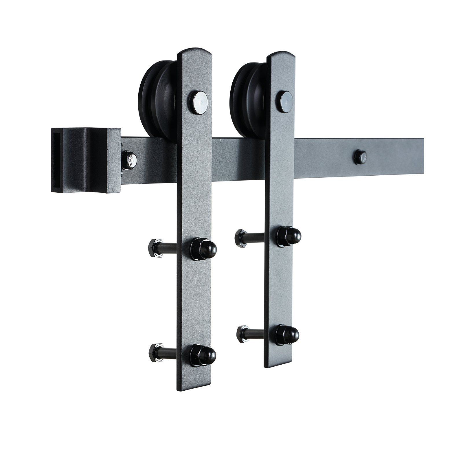 VEVOR sliding barn door hardware kit in black with dual rollers and wall-mounted track.