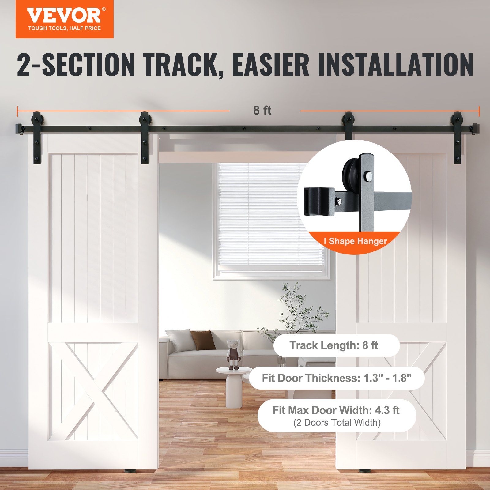 VEVOR 8FT Sliding Barn Door Hardware Kit, 330LBS Heavy Duty Barn Door Track Kit for Double Doors, Fit 3.7-4.3FT Total Wide and 1.3"-1.8" Thick 2 Door Panel, with Smooth & Silent Pulley (I Shape)