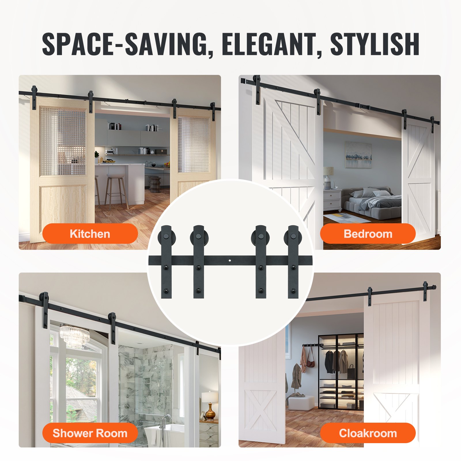 VEVOR 243.8 cm Sliding Barn Door Hardware Kit, 149.7 kg Heavy Duty Barn Door Track Kit for Double Doors, Fit 112-131 cm Total Width and 3.3-4.6 cm Thick 2 Door Panels, with Smooth & Silent Pulley (I Shape)