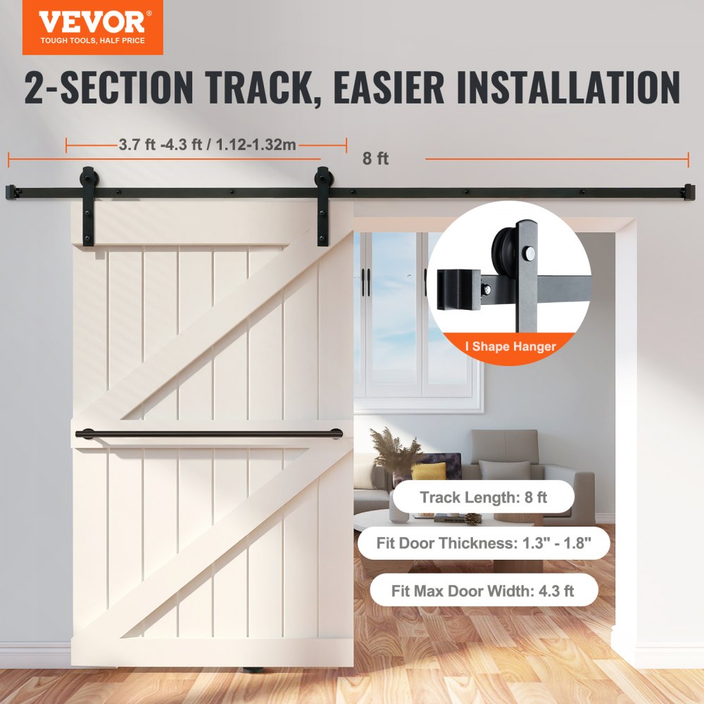 VEVOR 243.8 cm Sliding Barn Door Hardware Kit, 149.7 kg Loading Heavy Duty Barn Door Track Kit for Single Door, Fit 112.8-131.1 cm Wide and 3.3-4.6 cm Thick Door Panel, with Smooth & Silent Pulley (I Shape)
