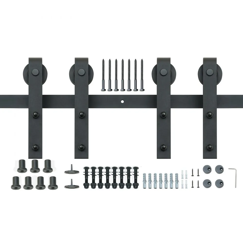 black VEVOR sliding barn door hardware kit with screws, bolts, washers, and door rollers.