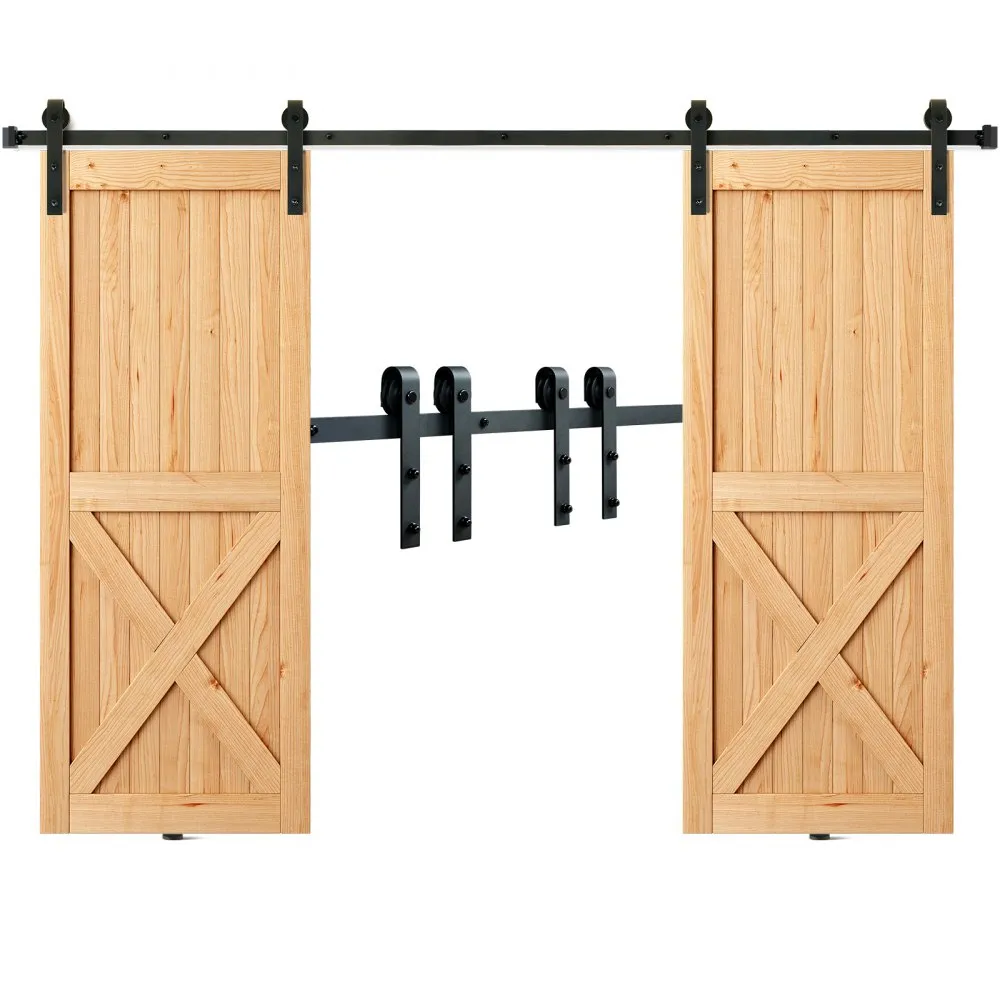 wooden doors with x designs on black track from VEVOR sliding barn door hardware kit.