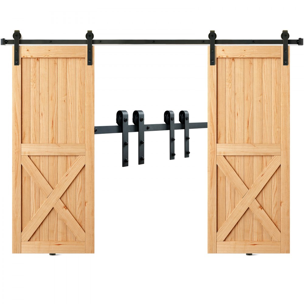 VEVOR Kit de herrajes para puerta corrediza de granero de 8 pies, kit de riel para puerta de granero resistente de 330 libras para puertas dobles, se adapta a paneles de 2 puertas de 3.7 a 4.3 pies de ancho total y 1.3 a 1.8 pulgadas de grosor, con polea suave y silenciosa (forma de J)