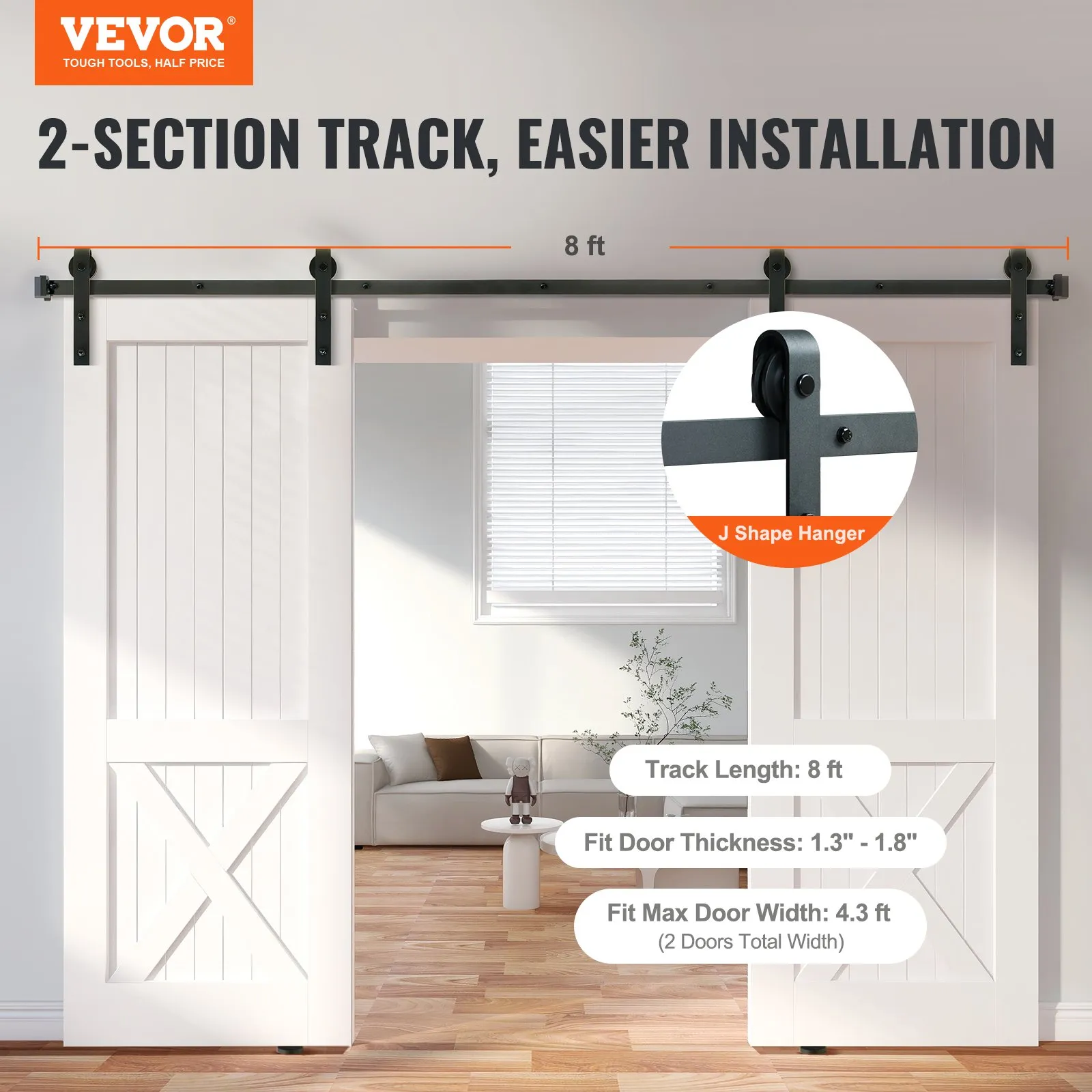 VEVOR sliding barn door hardware kit with 8-ft track and j shape hanger for 1.3&quot;-1.8&quot; door thickness.