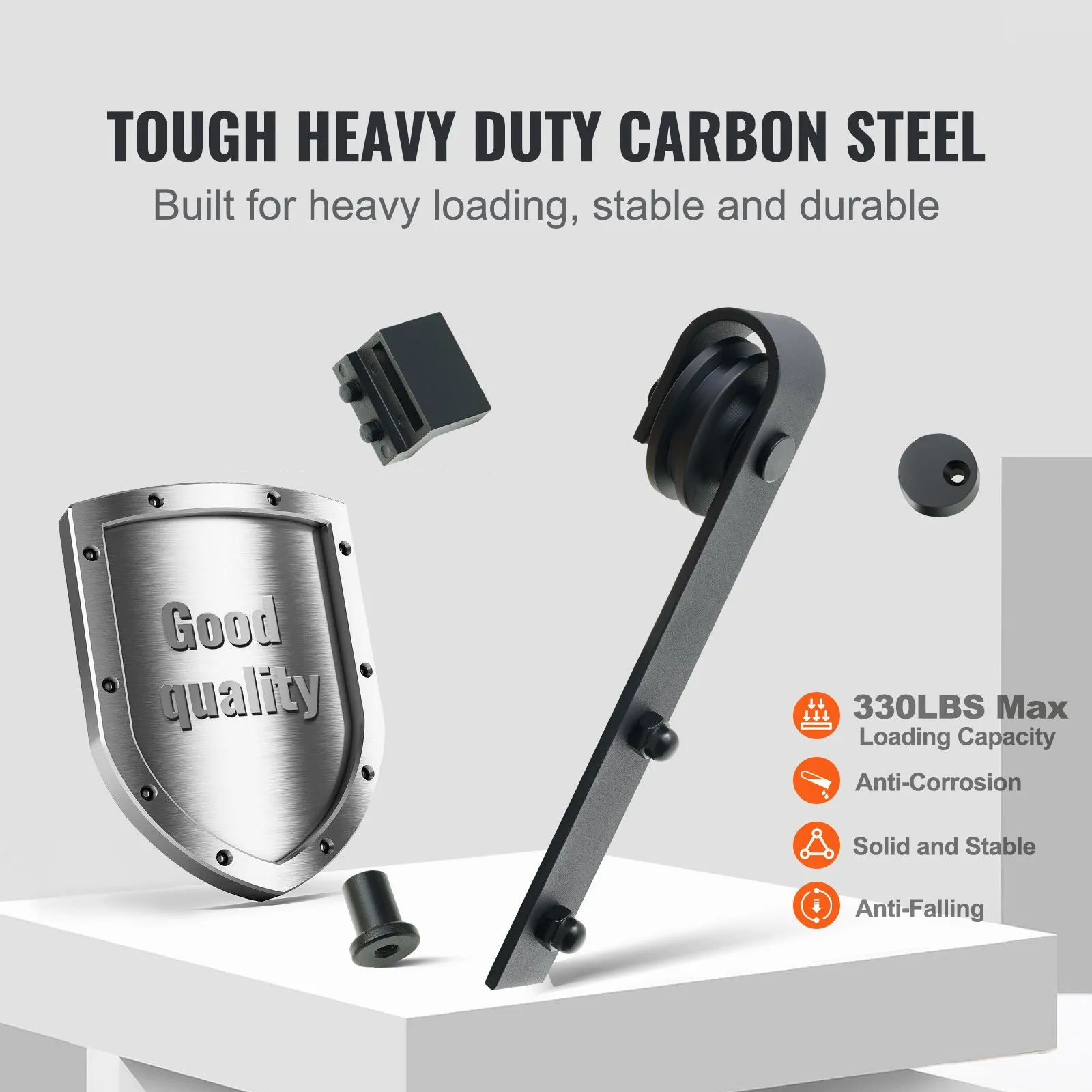 VEVOR sliding barn door hardware kit; heavy-duty carbon steel, 330lbs capacity, anti-corrosion, durable.