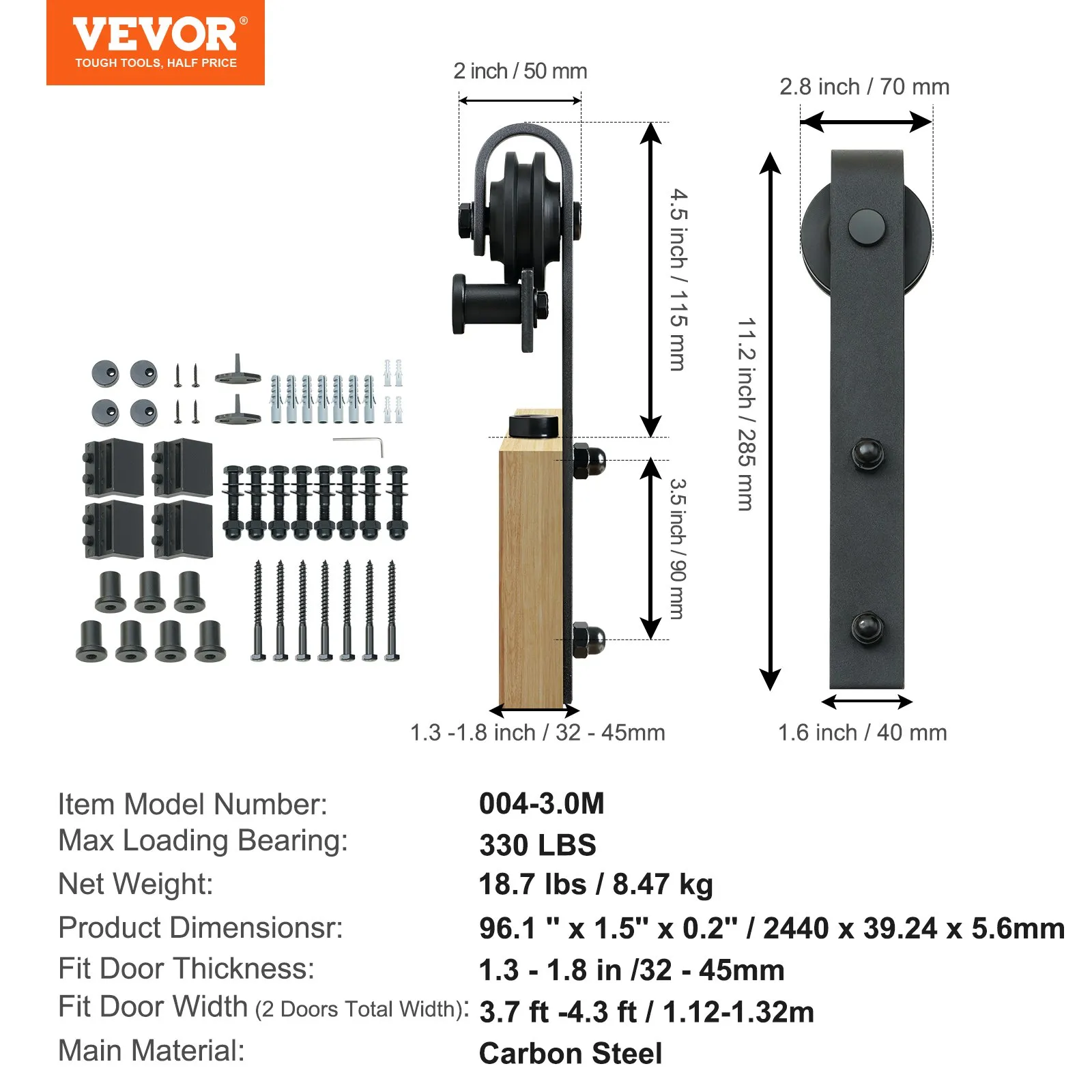 VEVOR sliding barn door hardware kit components with measurements and product specifications.