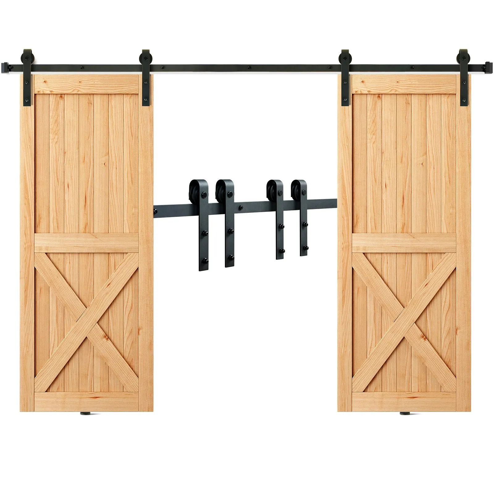 VEVOR sliding barn door hardware kit with wooden doors on a black rail, featuring x-brace design.