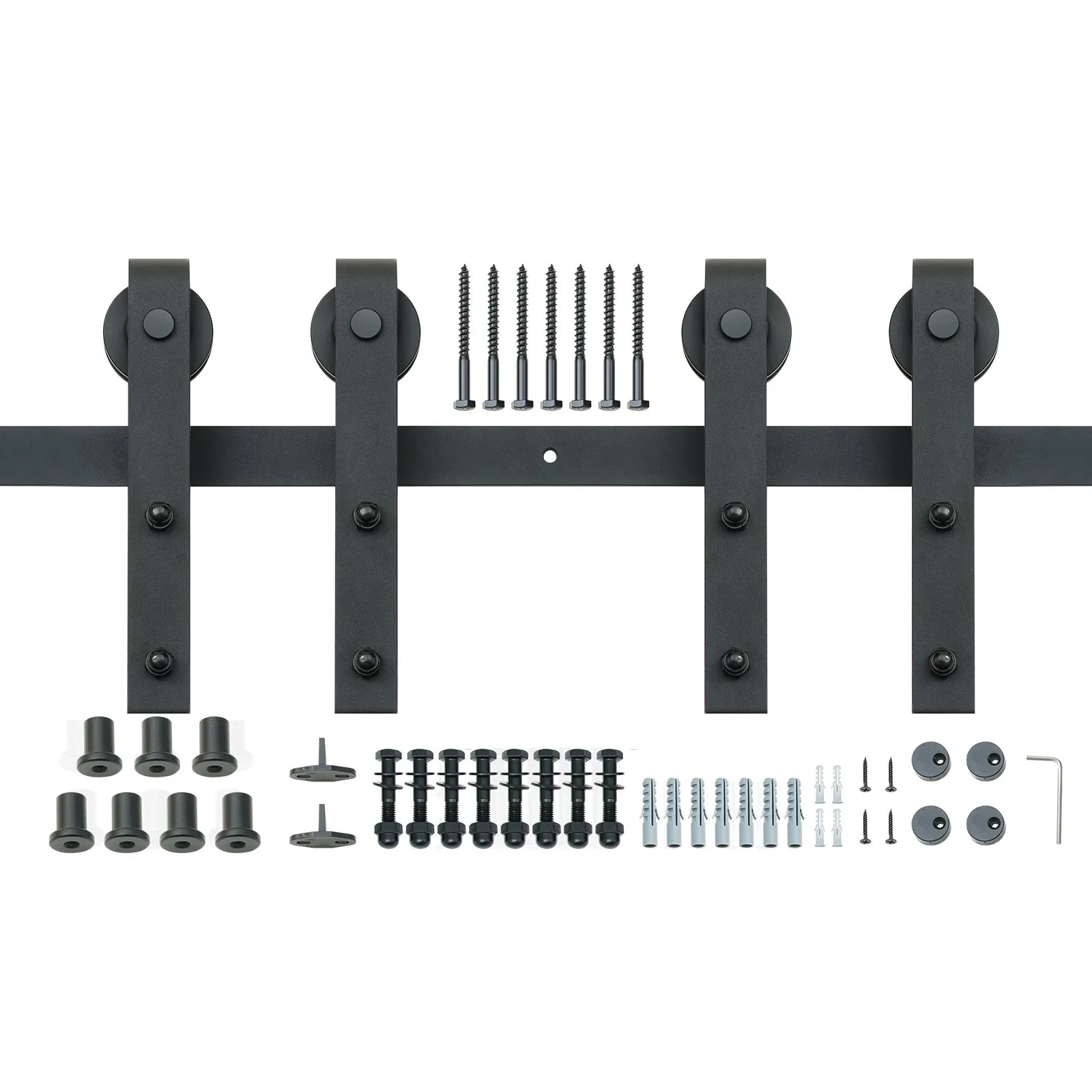 black VEVOR sliding barn door hardware kit with screws, bolts, washers, and door rollers.
