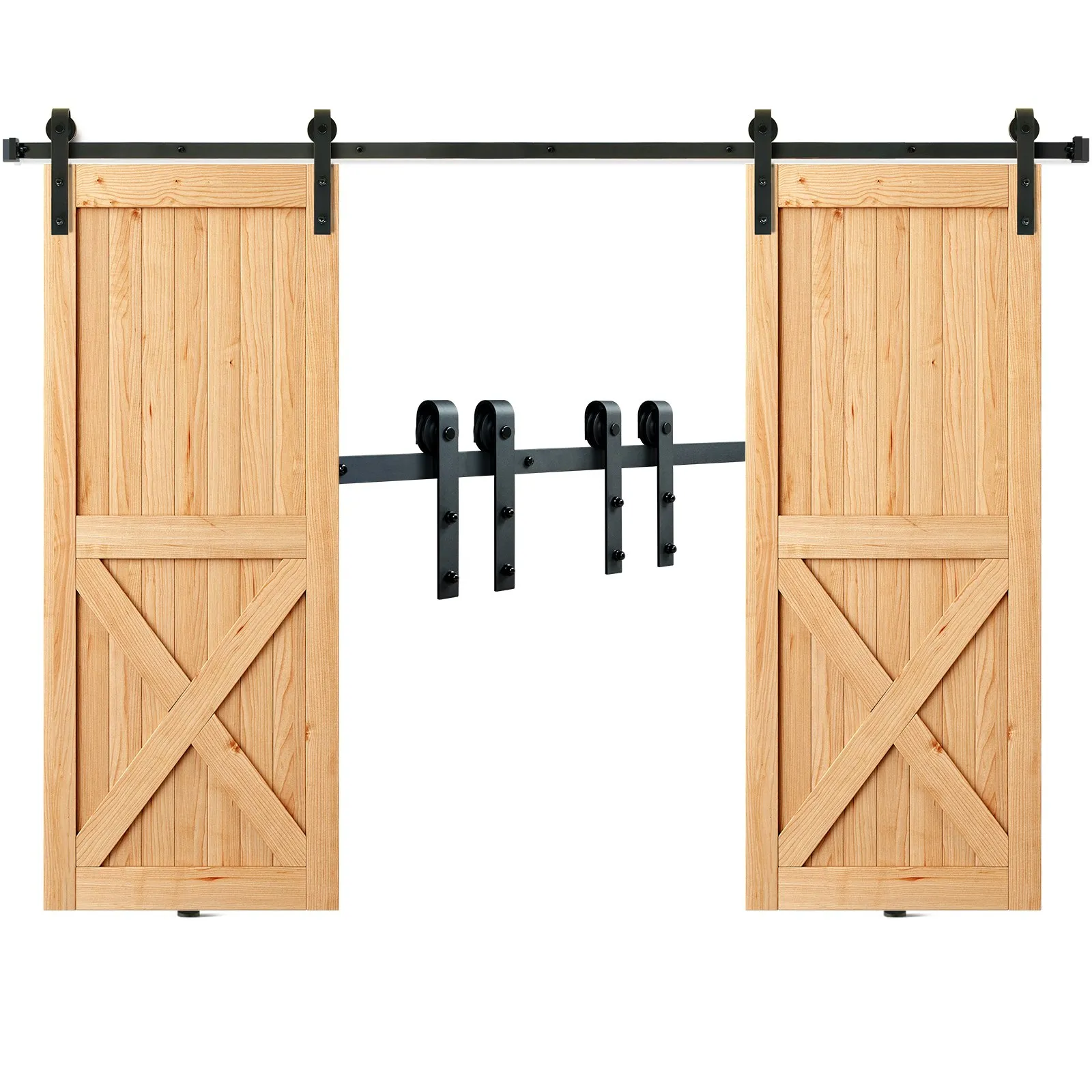 wooden doors with x designs on black track from VEVOR sliding barn door hardware kit.