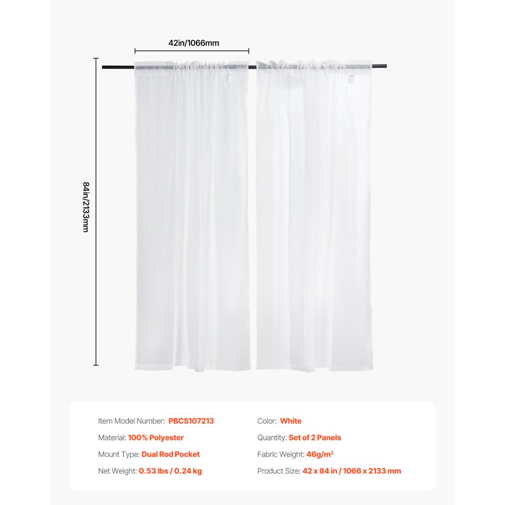VEVOR Sheer Curtains, 84 inches Long, 2 Panels Set Sheer White Curtains, Each 42" W x 84" L, Dual Rod Pocket Installation, 100% Polyester Window Drapes for Bedroom, Living Room, Balcony, Yard