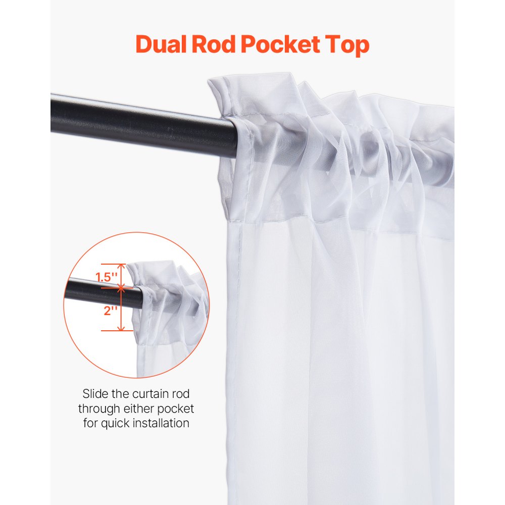 VEVOR Sheer Curtains, 84 inches Long, 2 Panels Set Sheer White Curtains, Each 52" W x 84" L, Dual Rod Pocket Installation, 100% Polyester Window Drapes for Bedroom, Living Room, Balcony, Yard