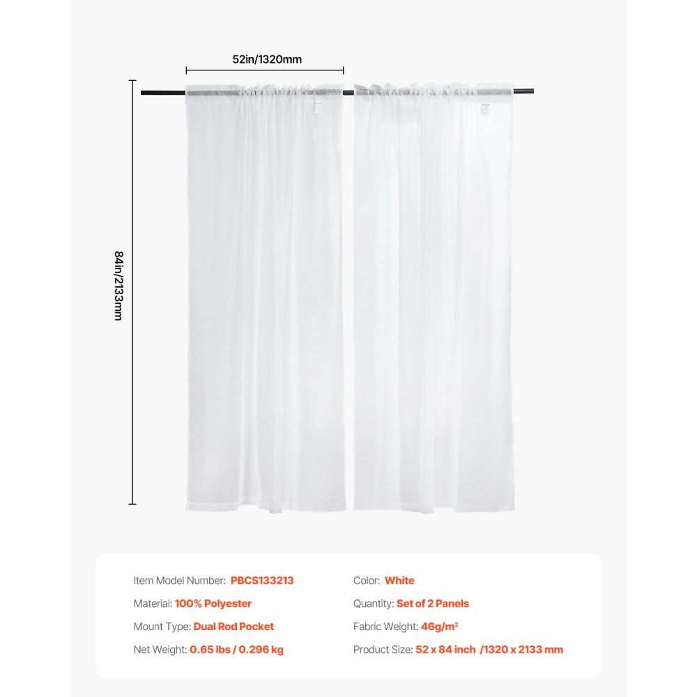 VEVOR Sheer Curtains, 84 inches Long, 2 Panels Set Sheer White Curtains, Each 52" W x 84" L, Dual Rod Pocket Installation, 100% Polyester Window Drapes for Bedroom, Living Room, Balcony, Yard