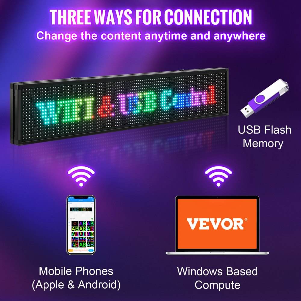 VEVOR Letrero LED Pantalla de mensajes con desplazamiento LED de 40 x 8 pulgadas RGB Tablero de visualización de mensajes digitales P10 de 7 colores programable por PC, WiFi y USB con tecnología SMD para publicidad y negocios