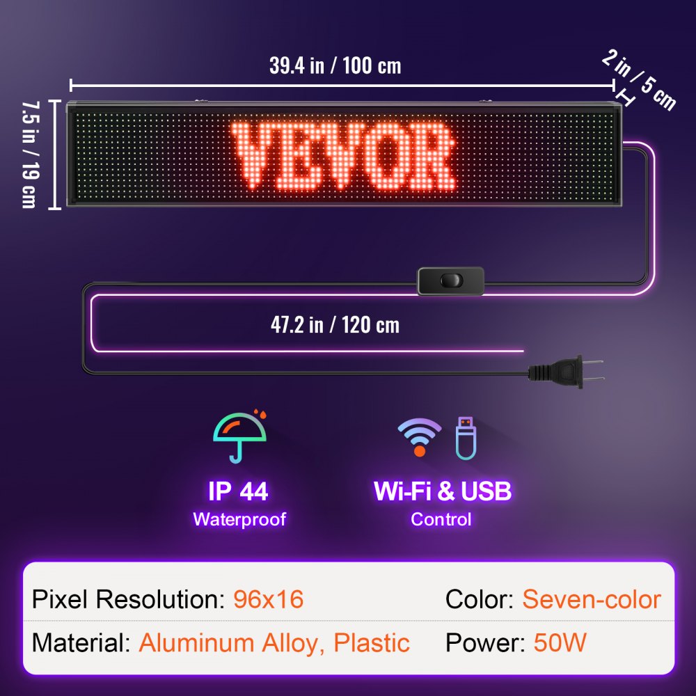 VEVOR Letrero LED Pantalla de mensajes con desplazamiento LED de 40 x 8 pulgadas RGB Tablero de visualización de mensajes digitales P10 de 7 colores programable por PC, WiFi y USB con tecnología SMD para publicidad y negocios