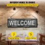 VEVOR led scrolling sign displaying "welcome" hanging in a cozy cafe with flashing and steady lighting options.