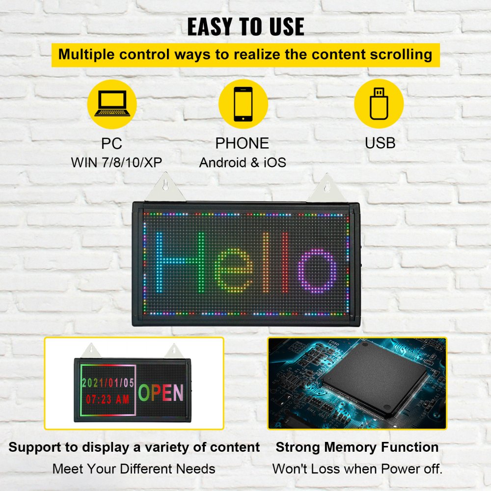VEVOR LED Scrolling Sign, 14" x 8" WiFi & USB Control, Full Color P5 Programmable Display, Indoor High Resolution Message Board, High Brightness Electronic Sign, Perfect Solution for Advertising