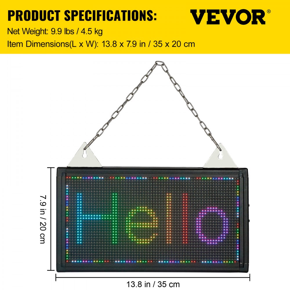 VEVOR LED Scrolling Sign, 14" x 8" WiFi & USB Control, Full Color P5 Programmable Display, Indoor High Resolution Message Board, High Brightness Electronic Sign, Perfect Solution for Advertising