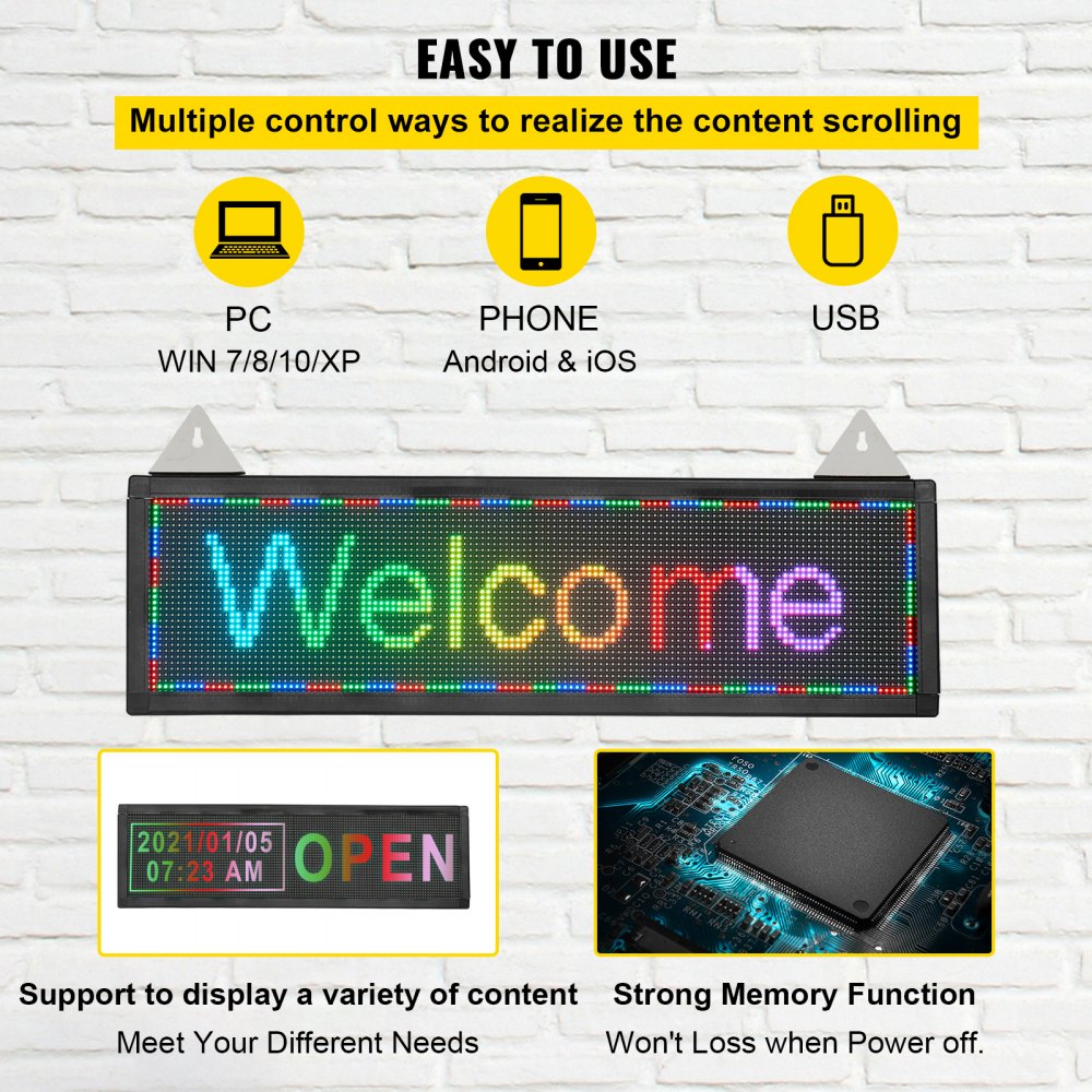 VEVOR LED Scrolling Sign, 21" x 6" WiFi & USB Control, Full Color P4 Programmable Display, Indoor High Resolution Message Board, High Brightness Electronic Sign, Perfect Solution for Advertising