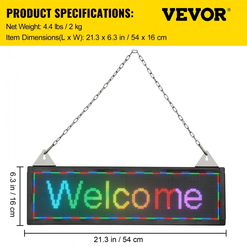 VEVOR LED Scrolling Sign, 21" x 6" WiFi & USB Control, Full Color P4 Programmable Display, Indoor High Resolution Message Board, High Brightness Electronic Sign, Perfect Solution for Advertising