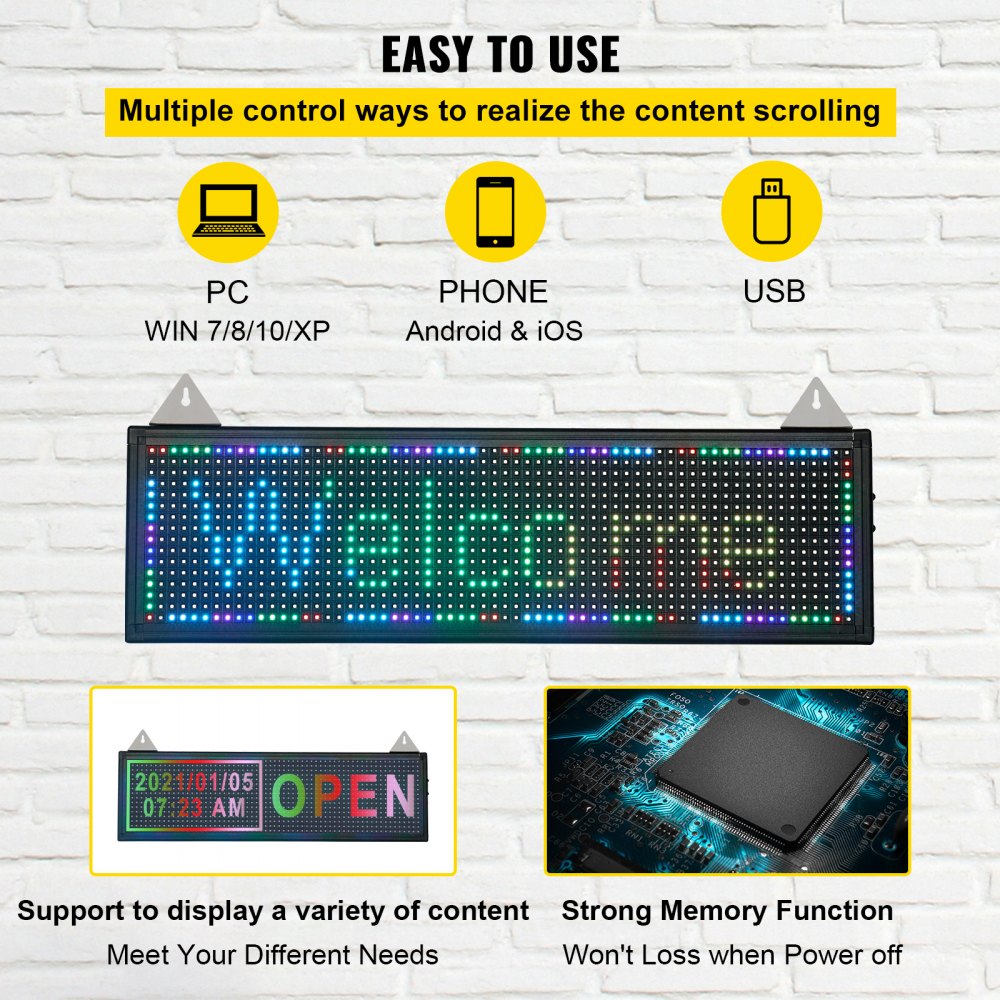 VEVOR LED Scrolling Sign, 27" x 8" WiFi & USB Control, Full Color P10 Programmable Display, Indoor High Resolution Message Board, High Brightness Electronic Sign, Perfect Solution for Advertising