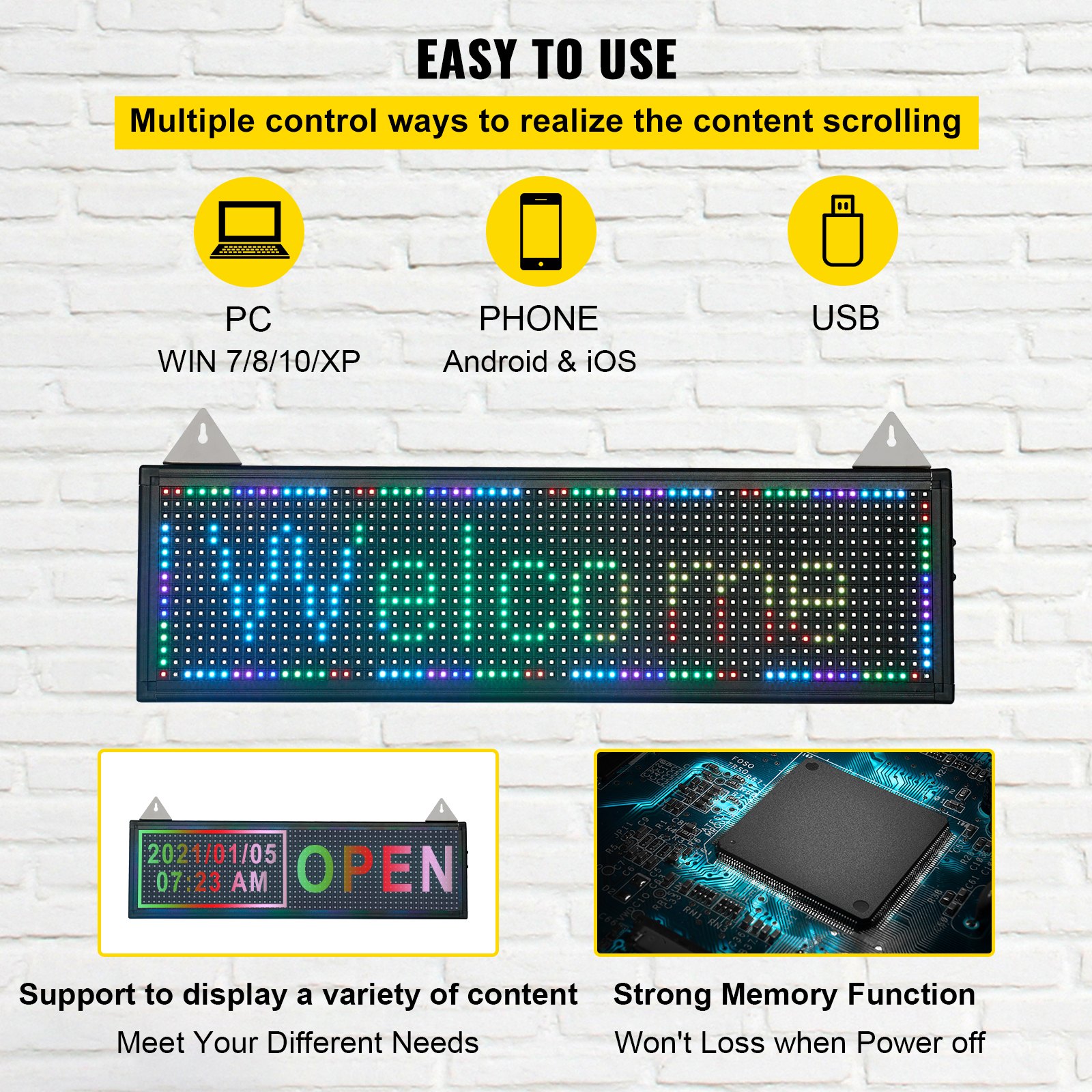 VEVOR LED Scrolling Sign, 27" x 8" WiFi & USB Control, Full Color P10 Programmable Display, Indoor High Resolution Message Board, High Brightness Electronic Sign, Perfect Solution for Advertising