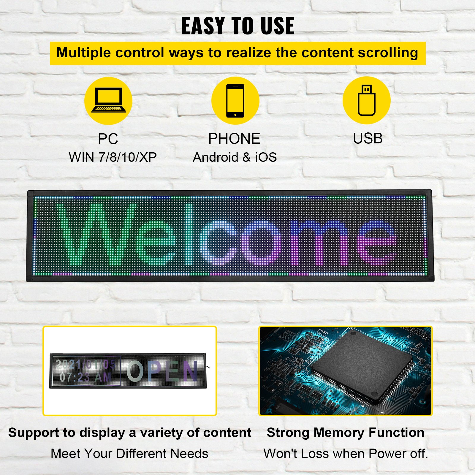 VEVOR LED Scrolling Sign, 40" x 9" WiFi & USB Control, Full Color P6 Programmable Display, Indoor High Resolution Message Board, High Brightness Electronic Sign, Perfect Solution for Advertising