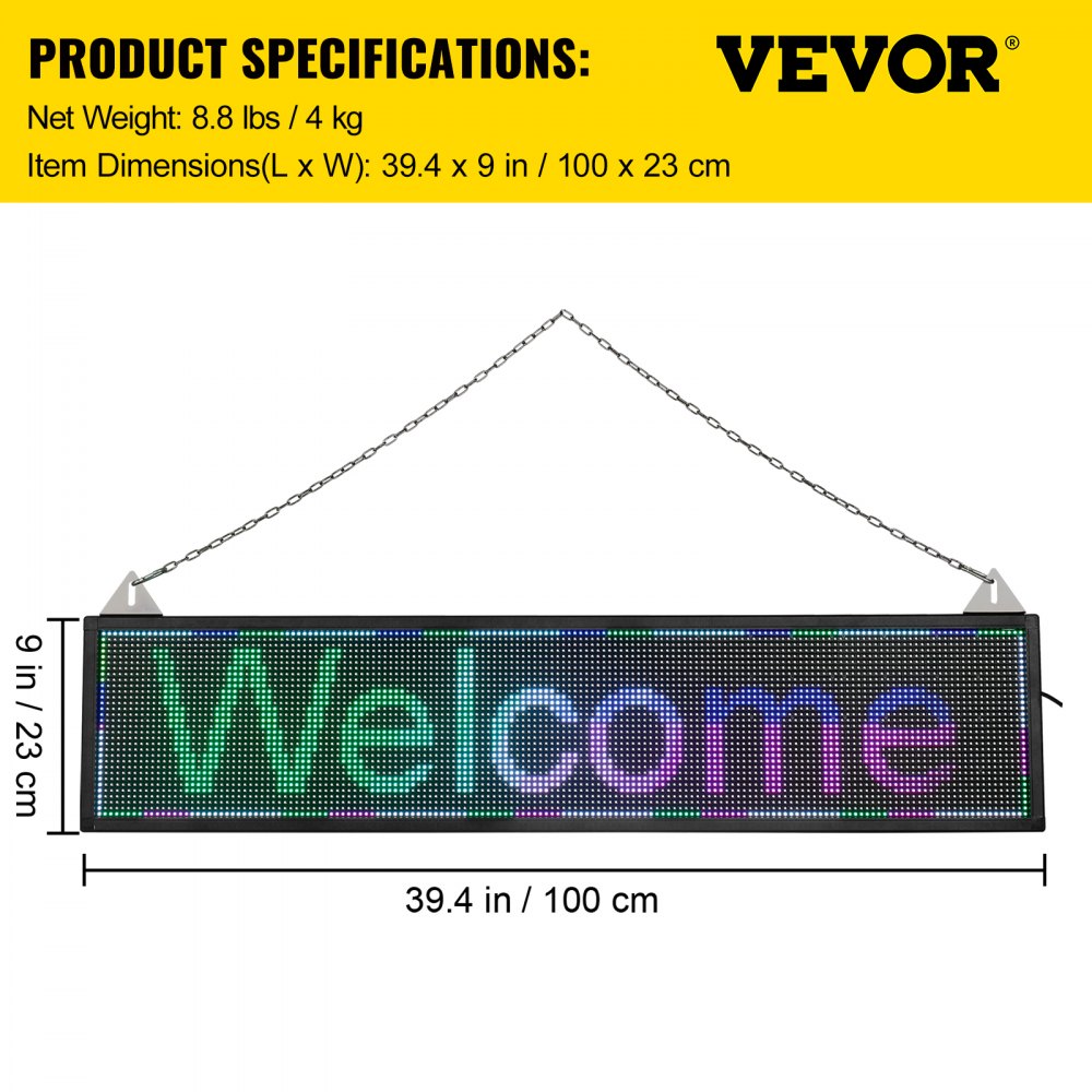 VEVOR LED Scrolling Sign, 40" x 9" WiFi & USB Control P6 Programmable Display, Indoor Full Color High Resolution Message Board, High Brightness Electronic Sign, Perfect Solution for Advertising