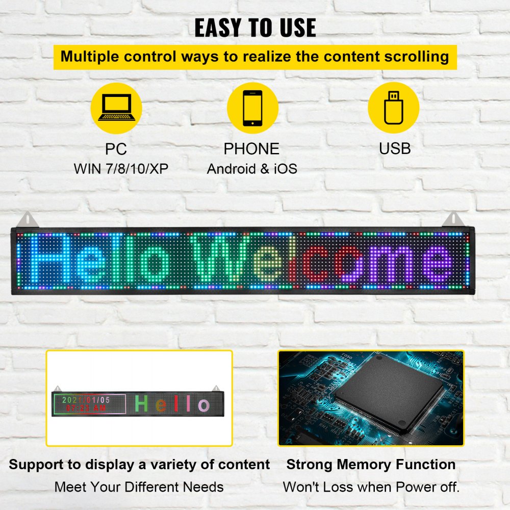 VEVOR LED Scrolling Sign, 52" x 8" WiFi & USB Control, Full Color P10 Programmable Display, Indoor High Resolution Message Board, High Brightness Electronic Sign, Perfect Solution for Advertising