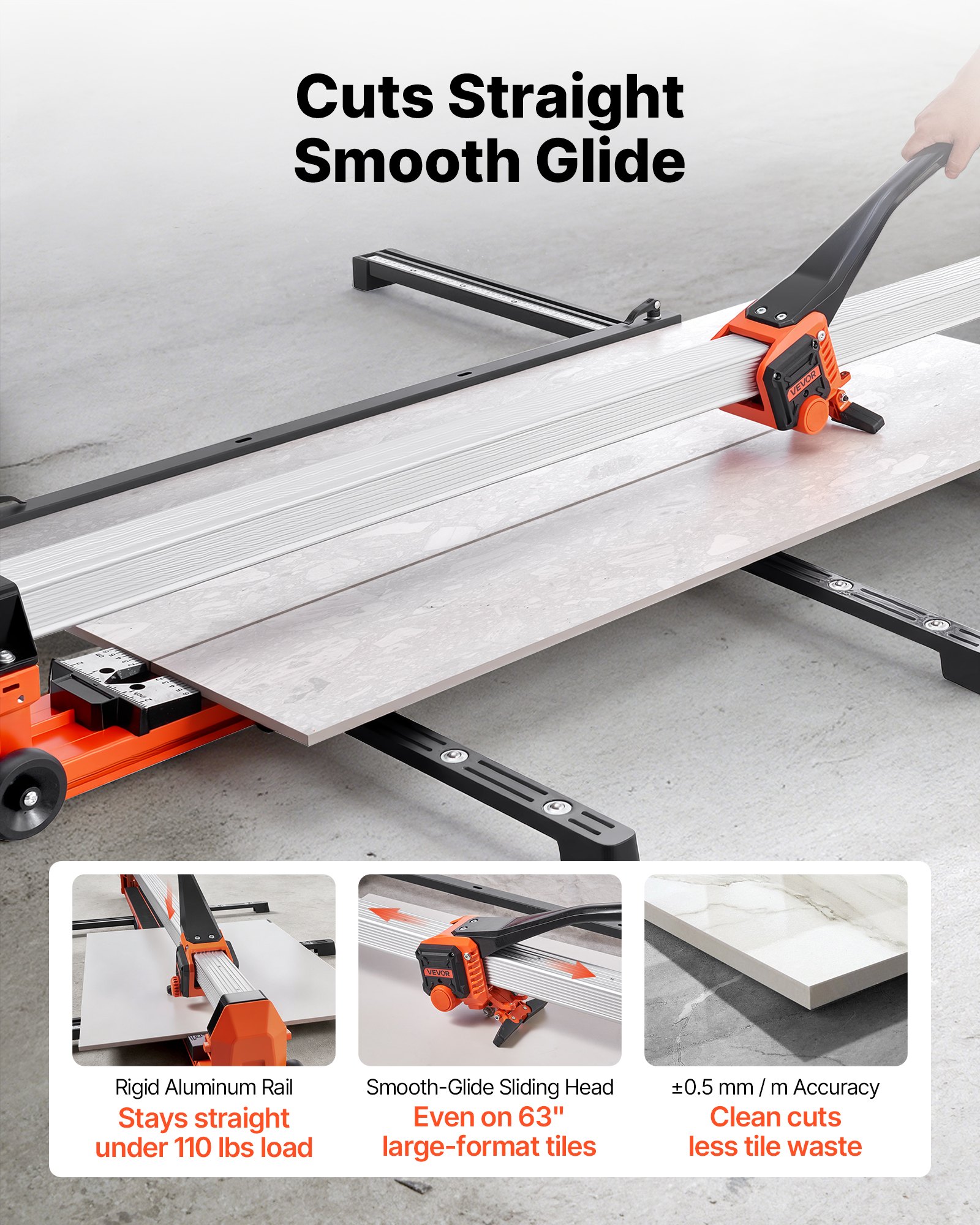VEVOR 1600 mm Manual Tile Cutter, Upgraded Rail and Sliding Head, Precision Alignment Guide, Tungsten Carbide Cutting Wheel, Support Legs with Swivel Wheels, for DIY Pros, Ceramic, Floor & Wall Tiles