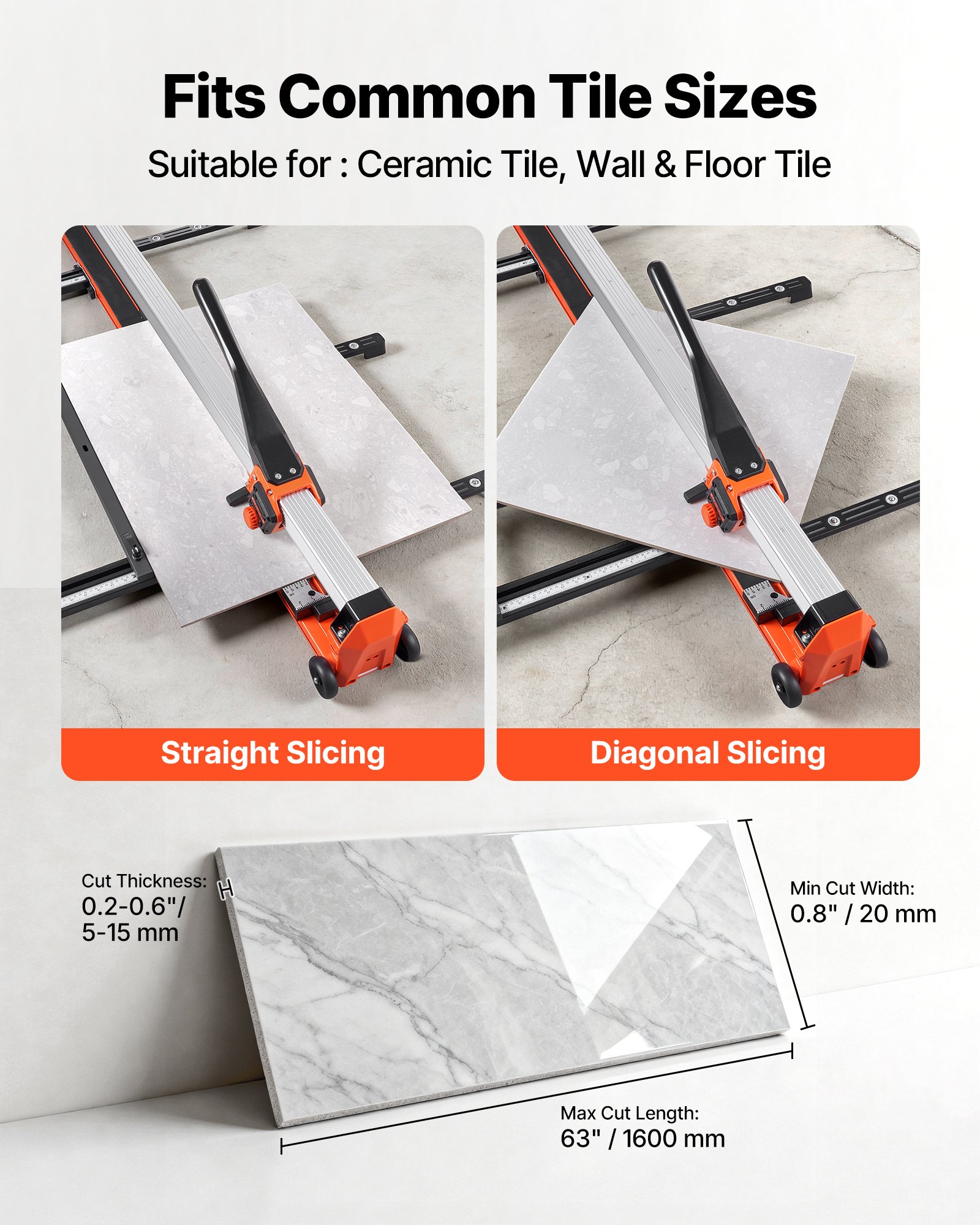 VEVOR 1600 mm Manual Tile Cutter, Upgraded Rail and Sliding Head, Precision Alignment Guide, Tungsten Carbide Cutting Wheel, Support Legs with Swivel Wheels, for DIY Pros, Ceramic, Floor & Wall Tiles