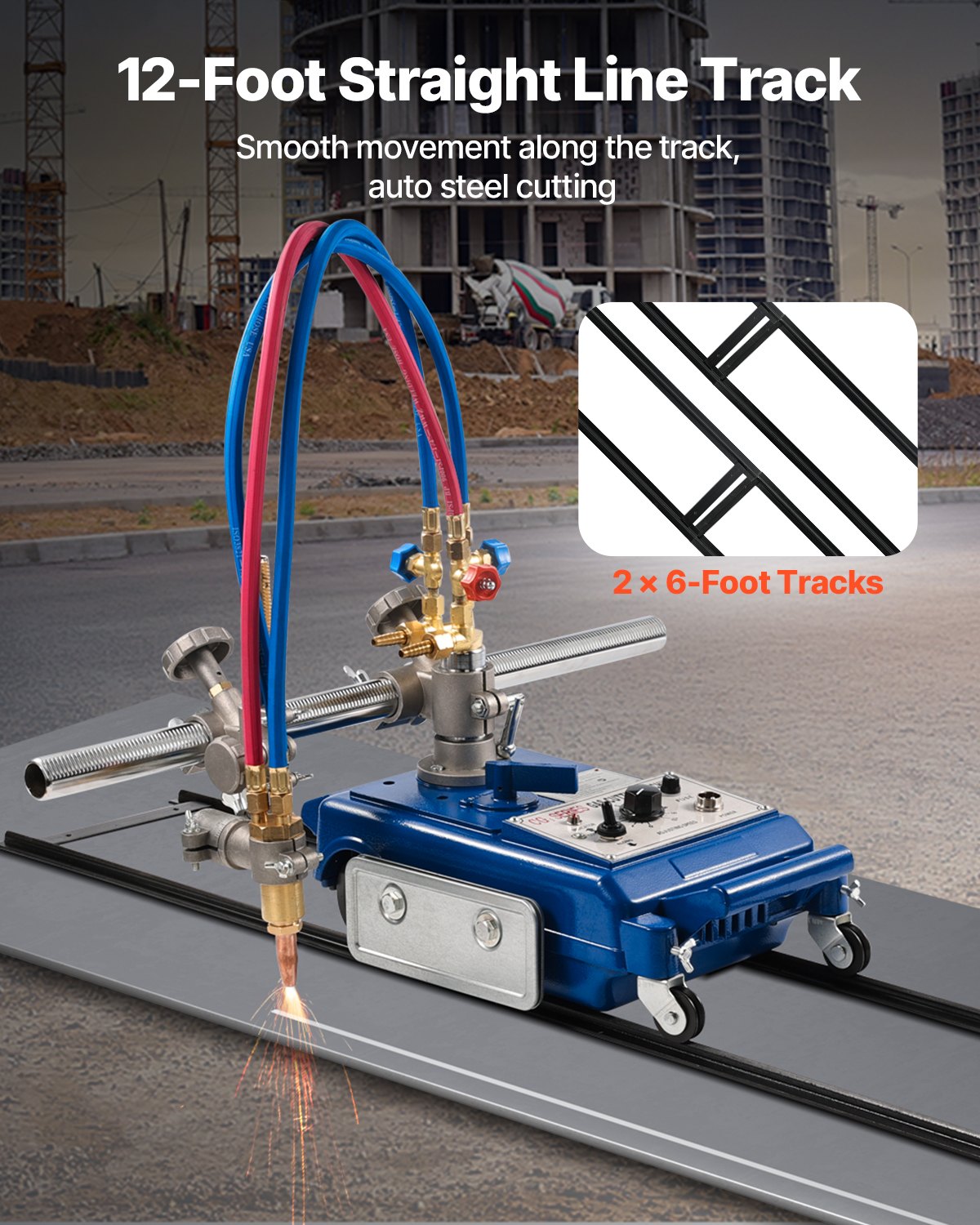 VEVOR Track Torch Burner, 2"-30"/Min Straight Line Gas Cutting Machine for 0.2"-4" Thick Pipe, with 12-inch Track & 3 Tips, Automatic Flame Cutting Machine, Pipe Beveler Beveling Tool, 110V CG1-30