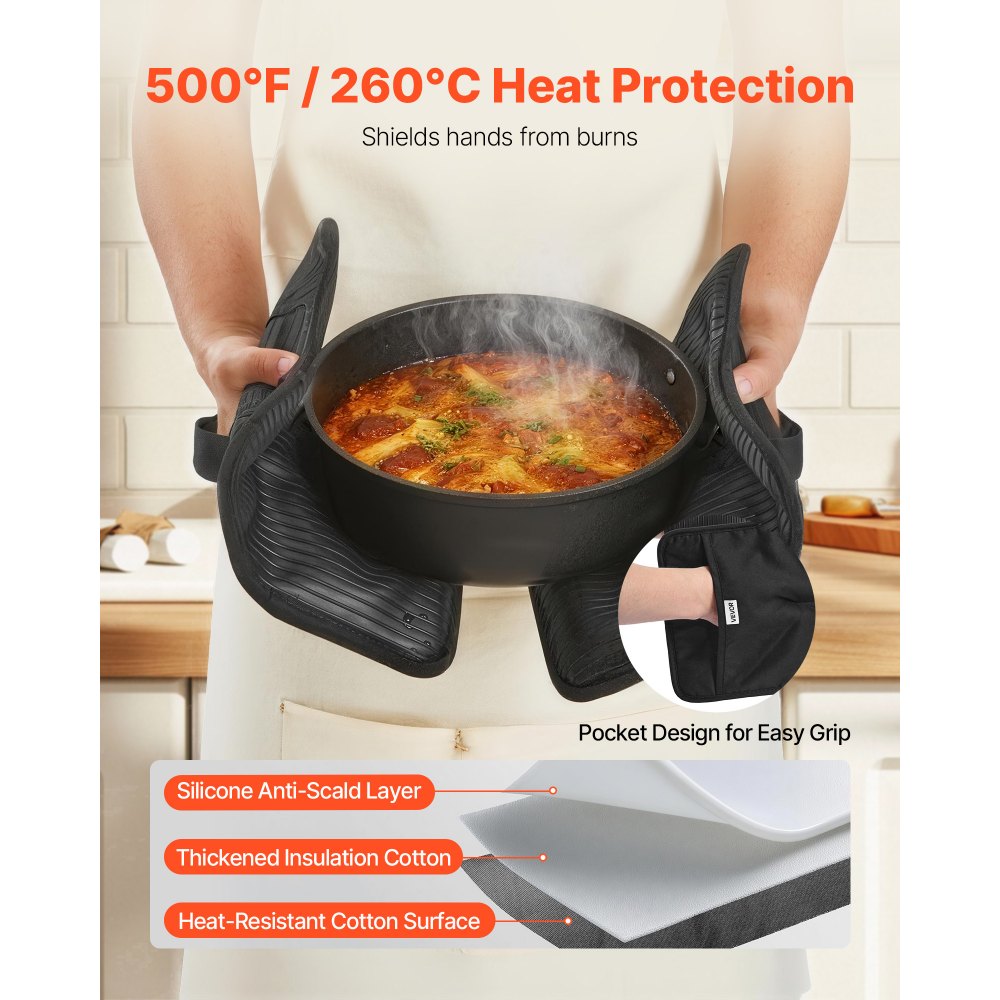 VEVOR Pot Holders, Heat Resistant to 500°F with Ribbed Soft Anti-Slip Silicone Strips, 100% Cotton 9.06 x 8.98 inch Hot Pads with 2 No-Marks Hooks, Washable Pot Trivets for Kitchen & Barbeque, 2 Pack