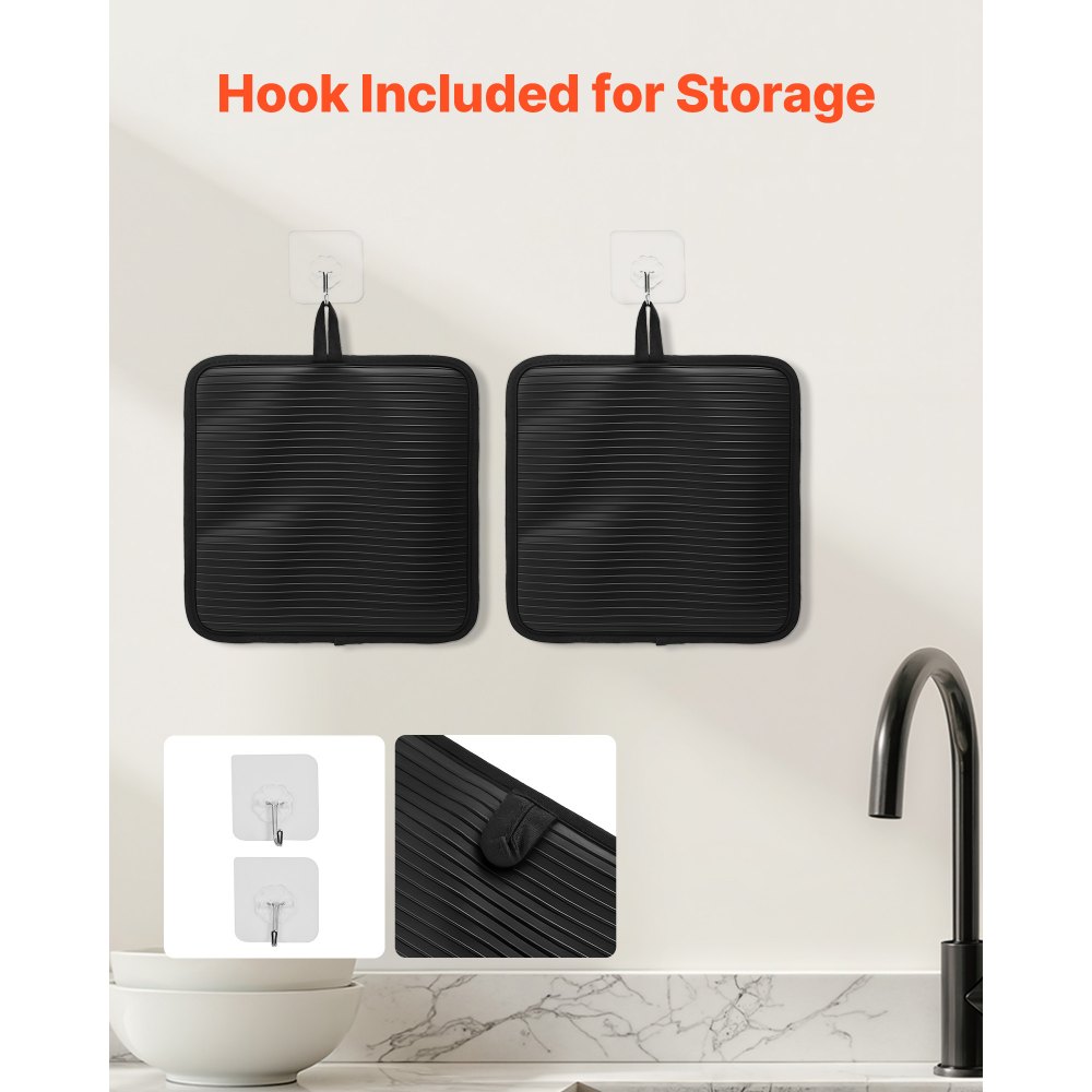VEVOR Pot Holders, Heat Resistant to 500°F with Ribbed Soft Anti-Slip Silicone Strips, 100% Cotton 9.06 x 8.98 inch Hot Pads with 2 No-Marks Hooks, Washable Pot Trivets for Kitchen & Barbeque, 2 Pack