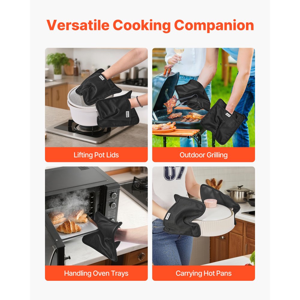 VEVOR Pot Holders, Heat Resistant to 500°F with Ribbed Soft Anti-Slip Silicone Strips, 100% Cotton 9.06 x 8.98 inch Hot Pads with 2 No-Marks Hooks, Washable Pot Trivets for Kitchen & Barbeque, 2 Pack