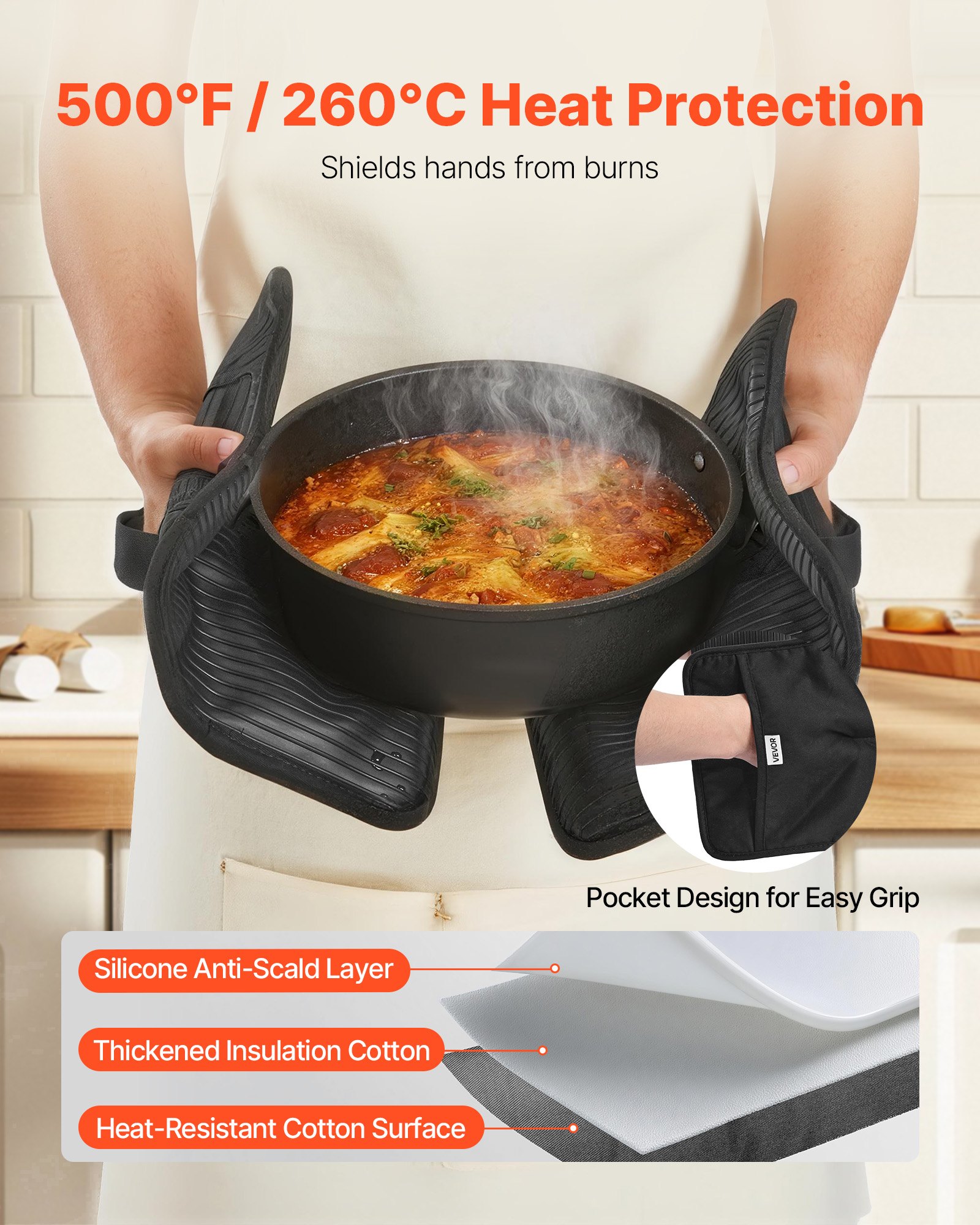 VEVOR Pot Holders, Heat Resistant to 500°F with Ribbed Soft Anti-Slip Silicone Strips, 100% Cotton 9.06 x 8.98 inch Hot Pads with 2 No-Marks Hooks, Washable Pot Trivets for Kitchen & Barbeque, 2 Pack