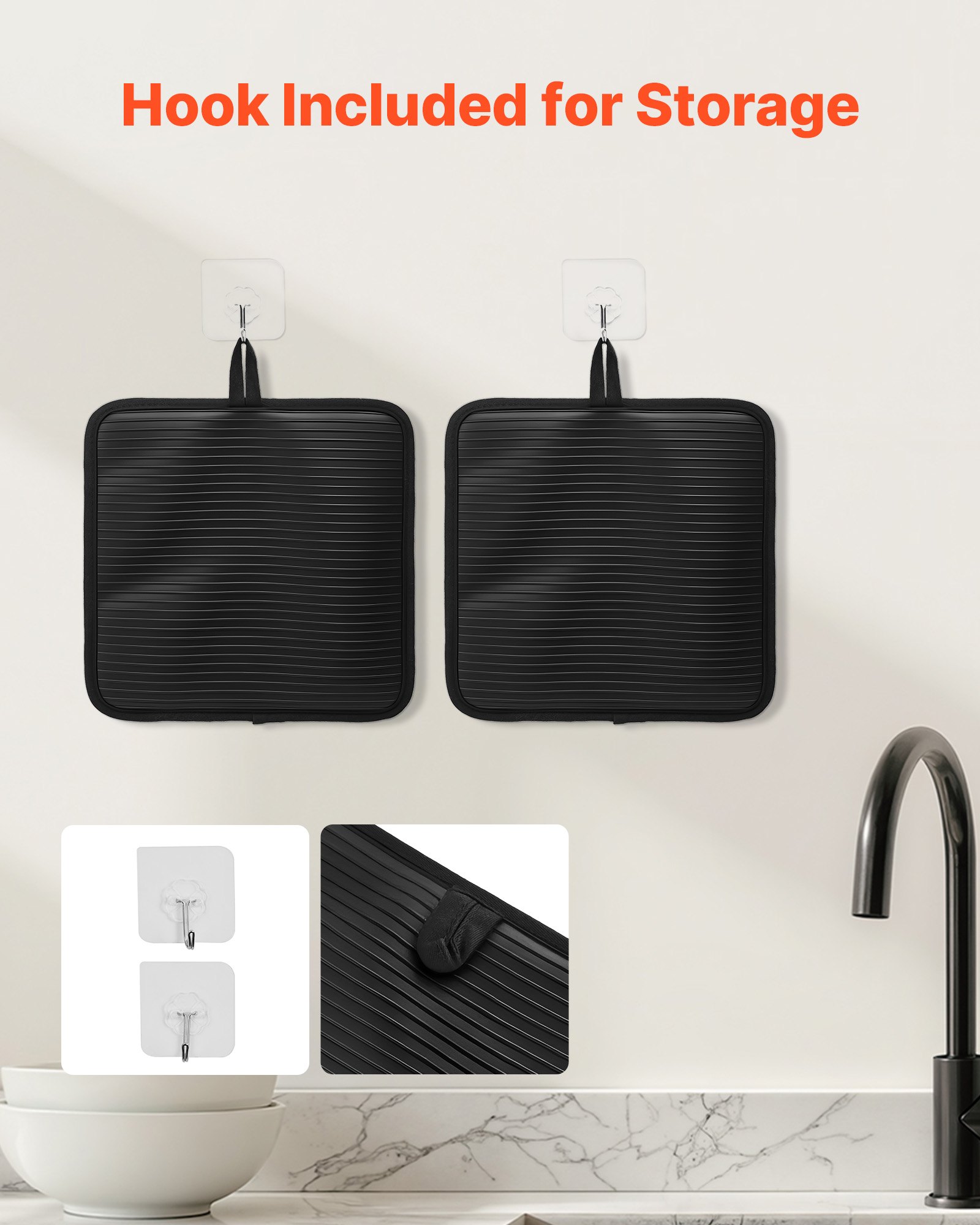 VEVOR Pot Holders, Heat Resistant to 500°F with Ribbed Soft Anti-Slip Silicone Strips, 100% Cotton 9.06 x 8.98 inch Hot Pads with 2 No-Marks Hooks, Washable Pot Trivets for Kitchen & Barbeque, 2 Pack