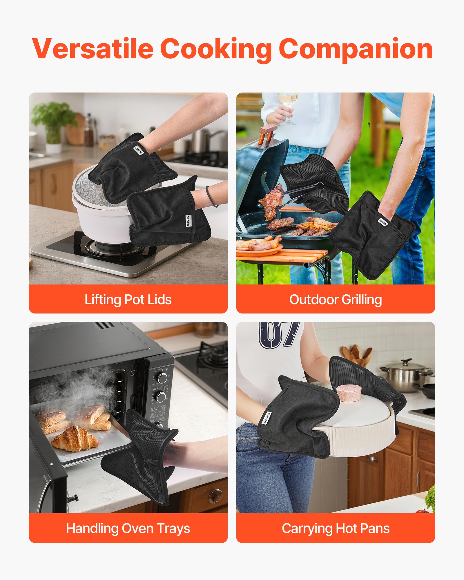 VEVOR Pot Holders, Heat Resistant to 500°F with Ribbed Soft Anti-Slip Silicone Strips, 100% Cotton 9.06 x 8.98 inch Hot Pads with 2 No-Marks Hooks, Washable Pot Trivets for Kitchen & Barbeque, 2 Pack