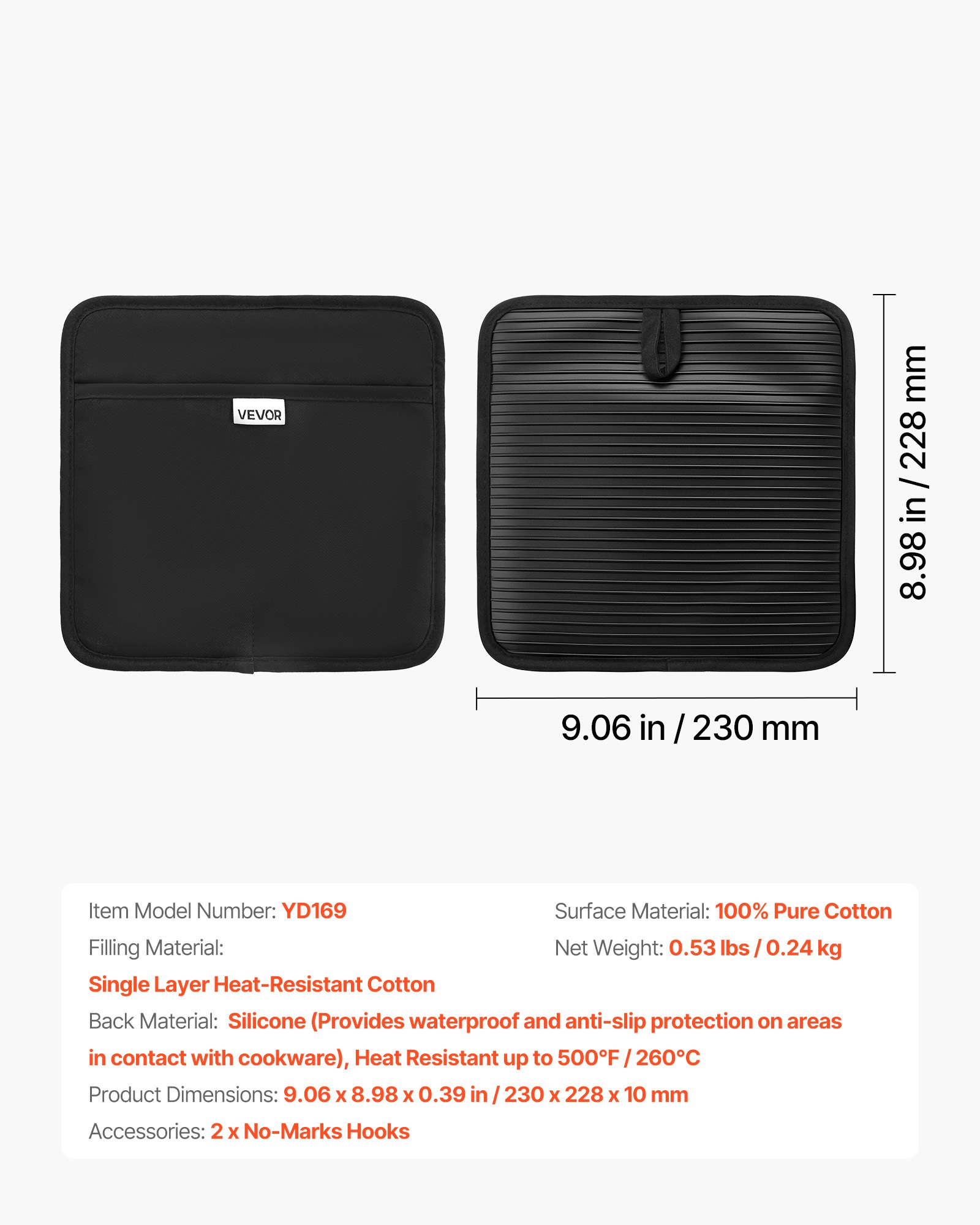 VEVOR Pot Holders, Heat Resistant to 500°F with Ribbed Soft Anti-Slip Silicone Strips, 100% Cotton 9.06 x 8.98 inch Hot Pads with 2 No-Marks Hooks, Washable Pot Trivets for Kitchen & Barbeque, 2 Pack