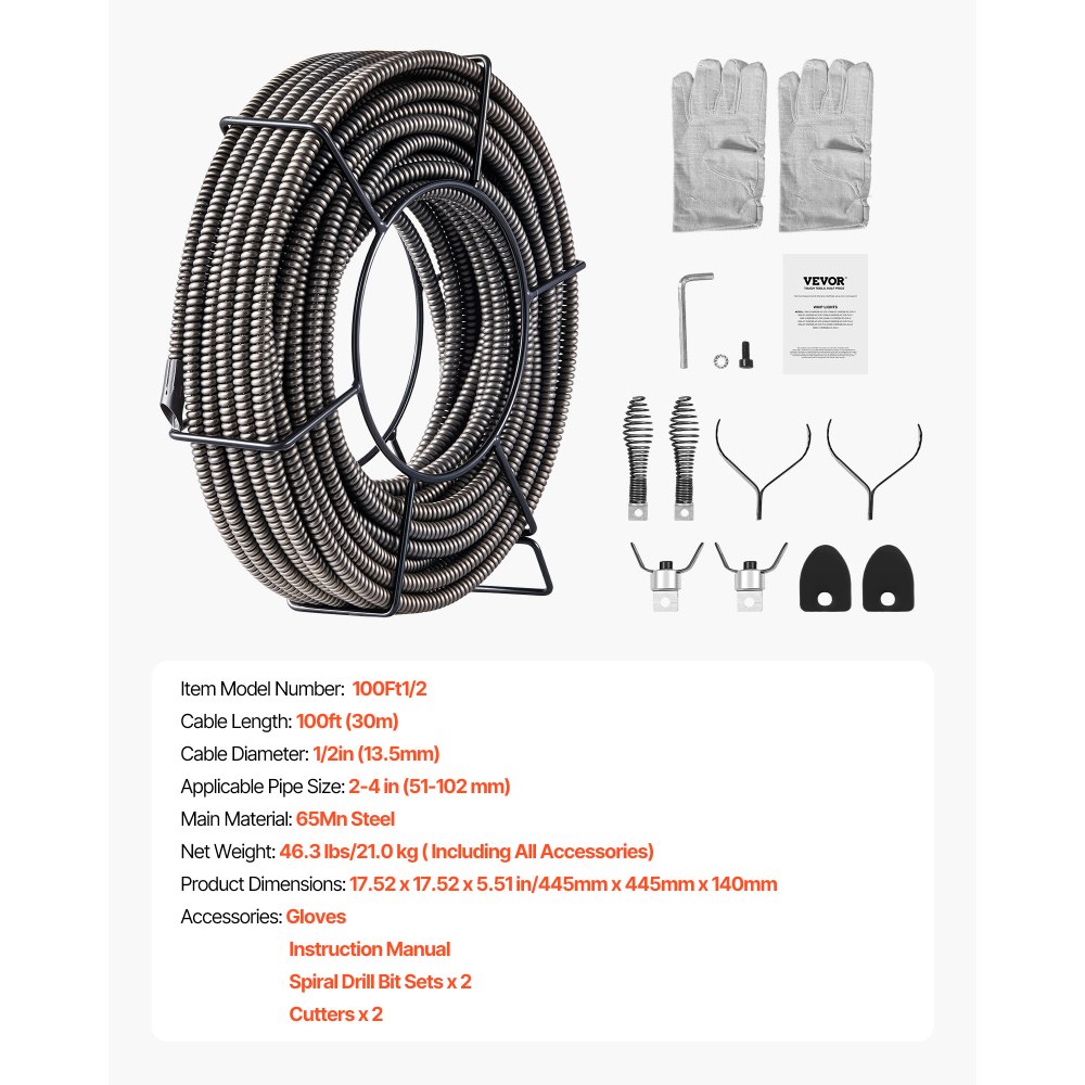 VEVOR Drain Cleaning Cable 100 Feet x 1/2 Inch Solid Core Cable Sewer Cable Drain Auger Cable Cleaner Snake Clog Pipe Drain Cleaning Cable Sewer Drain Auger Snake Pipe