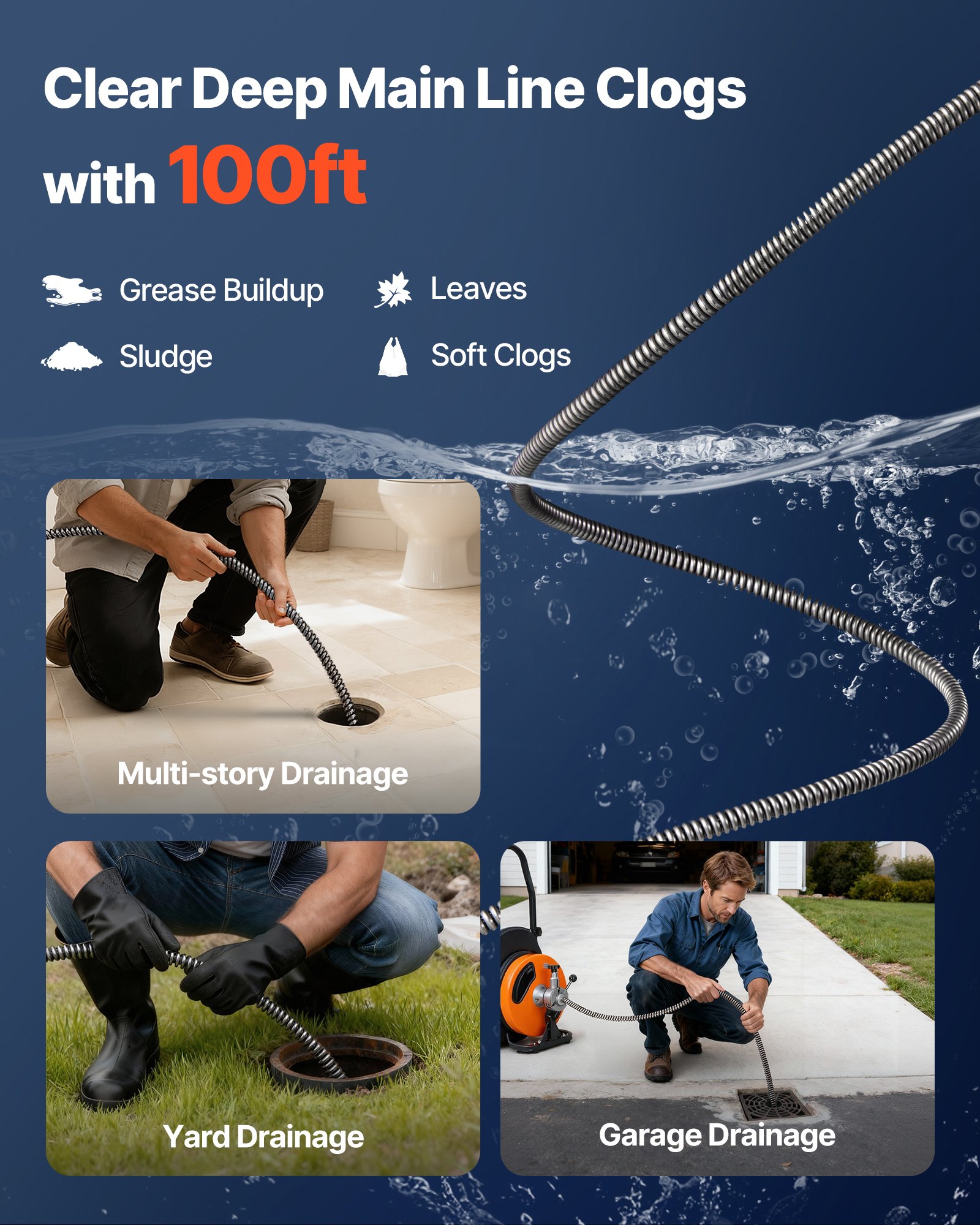 VEVOR Drain Cleaning Cable 100 Feet x 1/2 Inch Solid Core Cable Sewer Cable Drain Auger Cable Cleaner Snake Clog Pipe Drain Cleaning Cable Sewer Drain Auger Snake Pipe