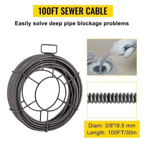 VEVOR Drain Cleaning Cable 100 Feet x 3/8 Inch Solid Core Cable Sewer Cable Drain Auger Cable Cleaner Snake Clog Pipe Drain Cleaning Cable Sewer Drain Auger Snake Pipe