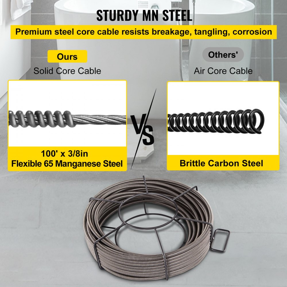 VEVOR Drain Cleaning Cable 100 Feet x 3/8 Inch Solid Core Cable Sewer Cable Drain Auger Cable Cleaner Snake Clog Pipe Drain Cleaning Cable Sewer Drain Auger Snake Pipe