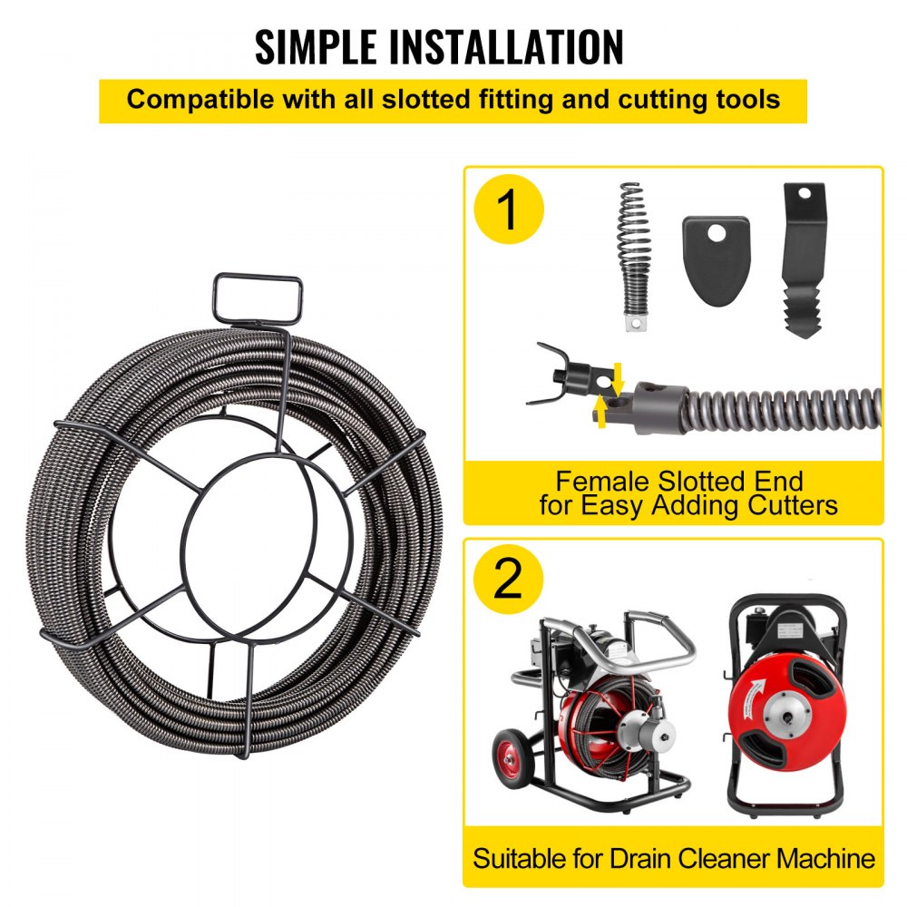 VEVOR Drain Cleaning Cable 100 FT x 3/8 Inch, Solid Core Steel Sewer Cable with 4 Cutter for 2" to 4" Pipes, Sewer Auger Cleaner Cable for Sink, Floor Drain, Toilet