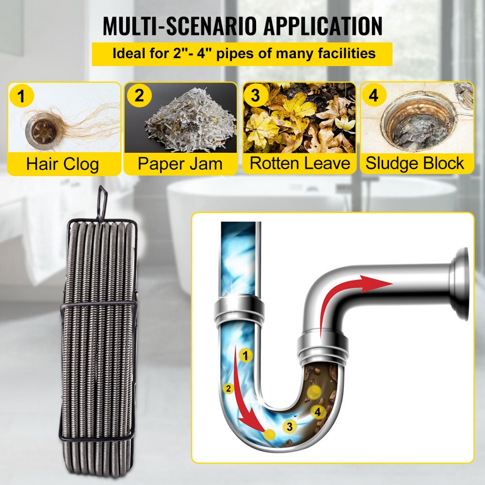 VEVOR drain cleaning cable for removing hair, paper, leaves, and sludge from 2&quot;-4&quot; pipes.