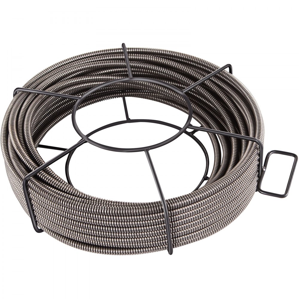 VEVOR drain cleaning cable in a coiled metal frame.