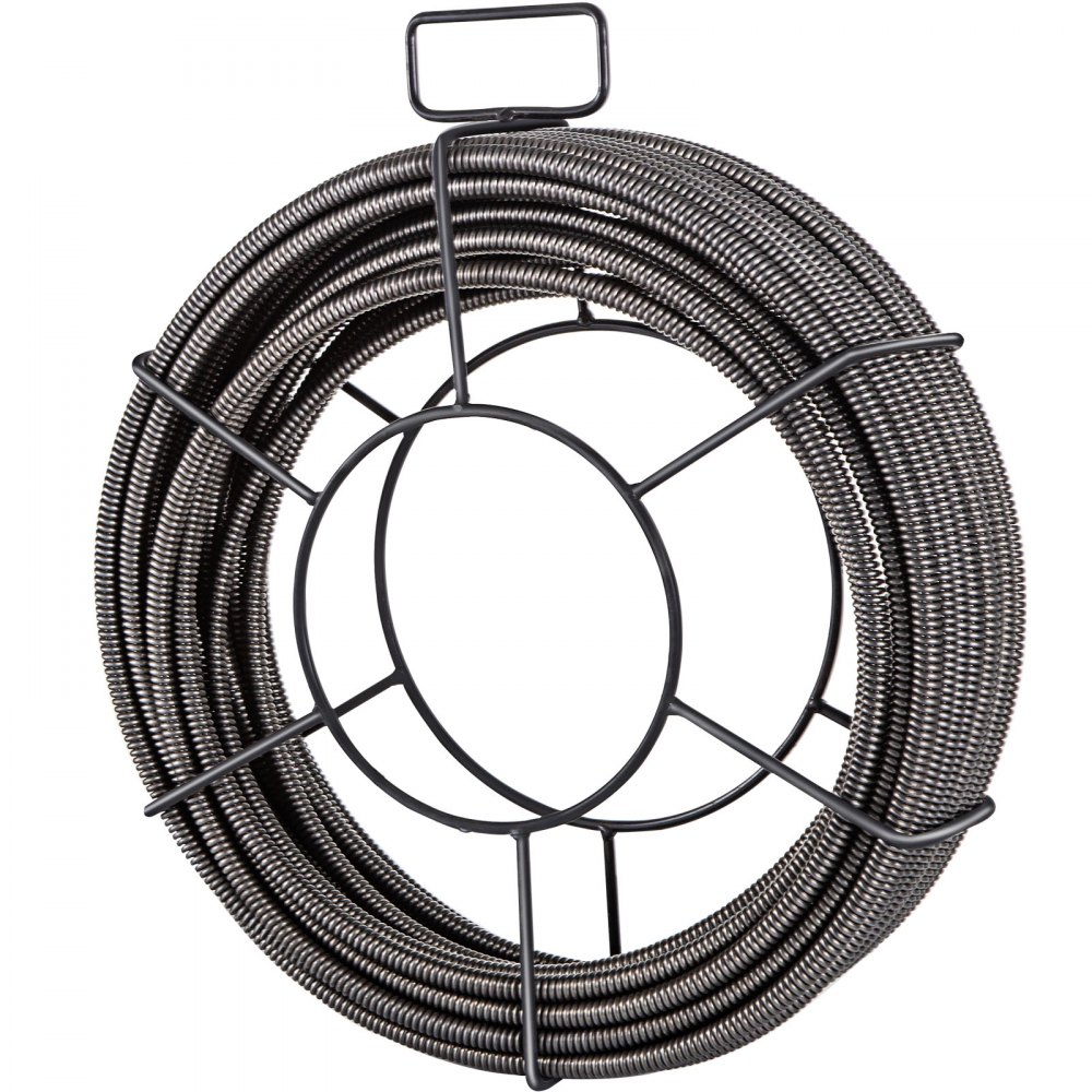 VEVOR drain cleaning cable in a metal coil holder for plumbing maintenance.