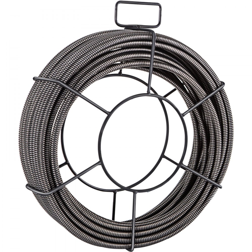 VEVOR drain cleaning cable coiled in a metal frame for plumbing applications.
