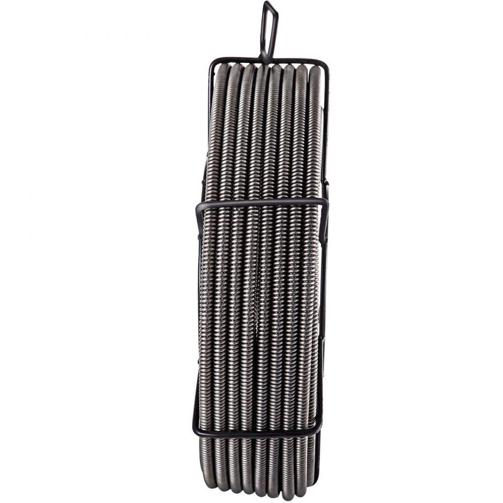 VEVOR drain cleaning cable coiled in a black metal holder against a white background.