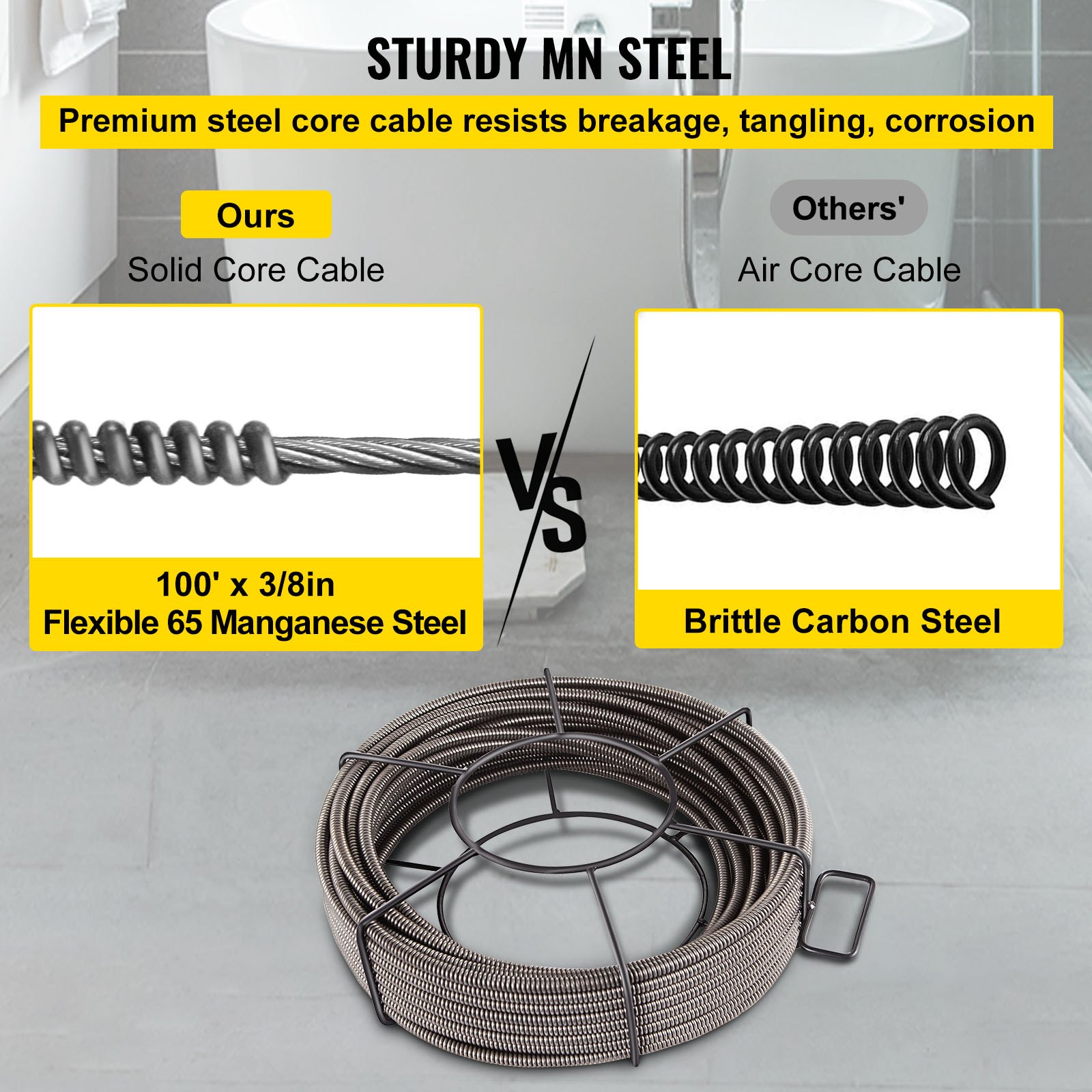 VEVOR drain cleaning cable: solid core vs brittle carbon steel for plumbing solutions.