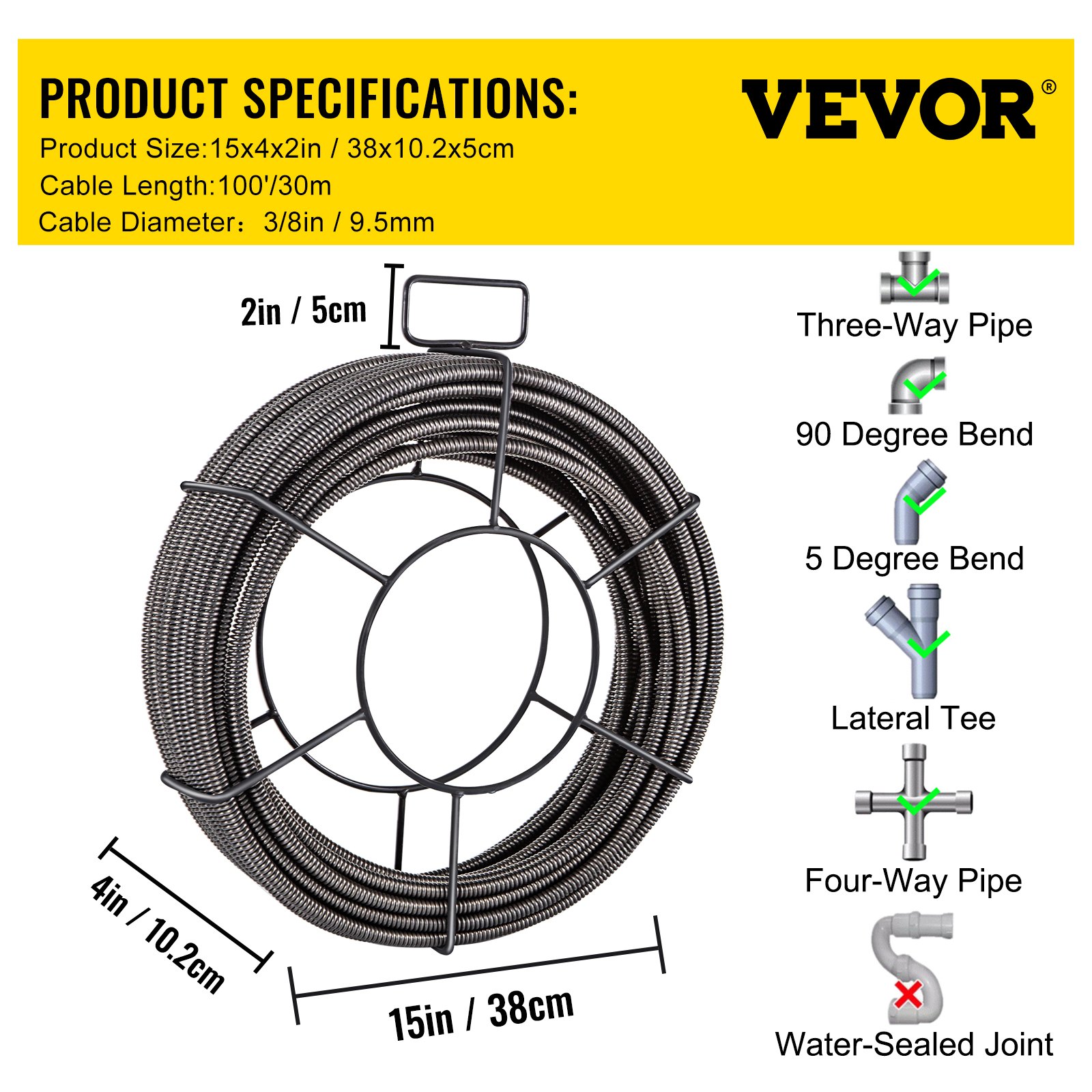 VEVOR drain cleaning cable, 100ft length, fits various pipe bends and joints. product specs included.